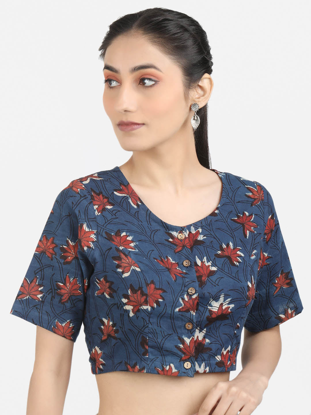 Women Blue Block Printed Cotton Ready To Wear Non Padded Saree Blouse