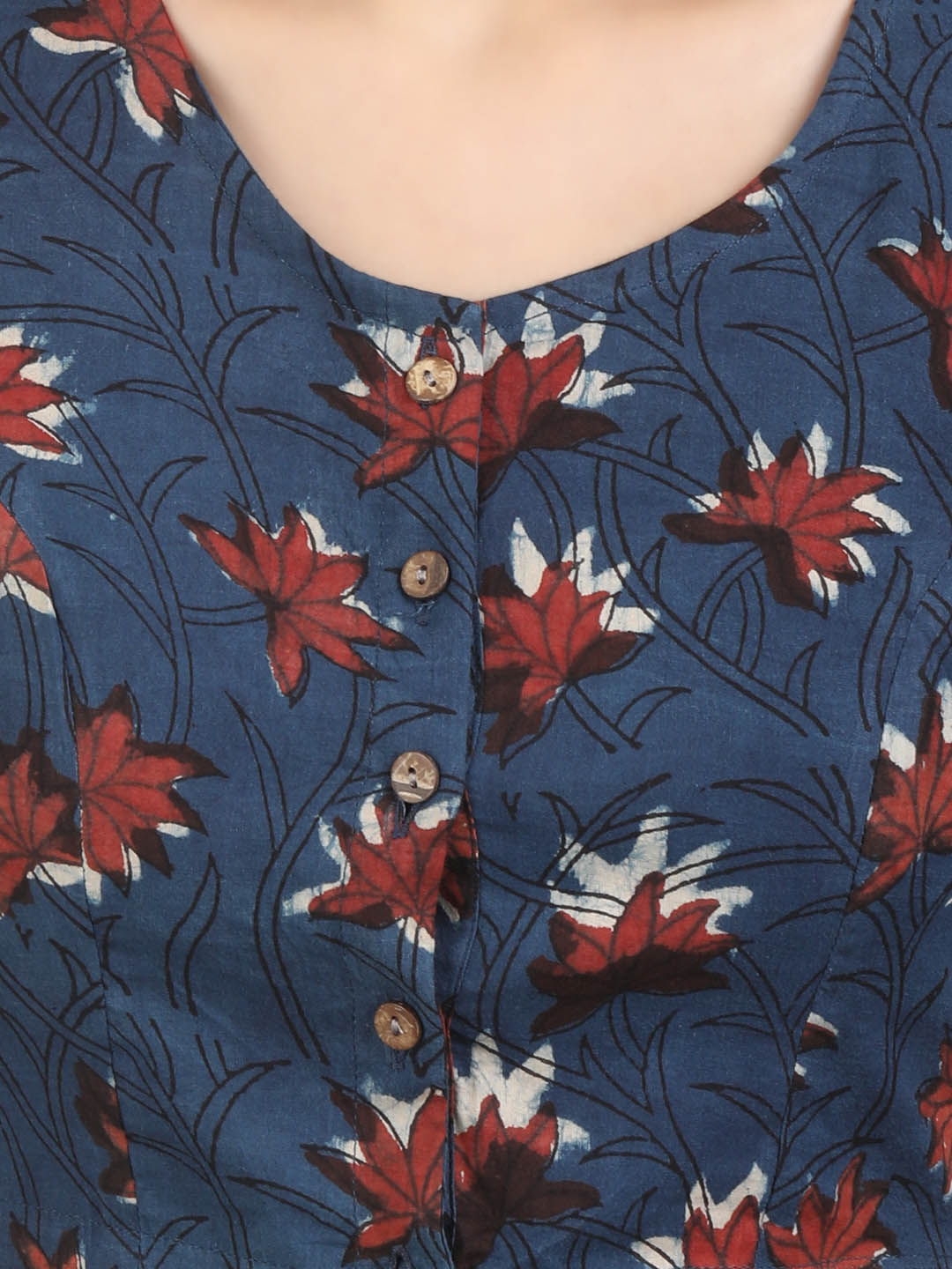 Women Blue Block Printed Cotton Ready To Wear Non Padded Saree Blouse
