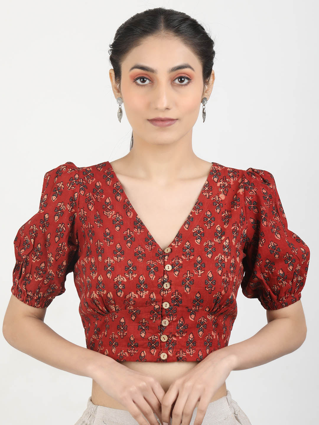 Women Maroon Ajrakh Block Printed Cotton Ready To Wear Non Padded Saree Blouse