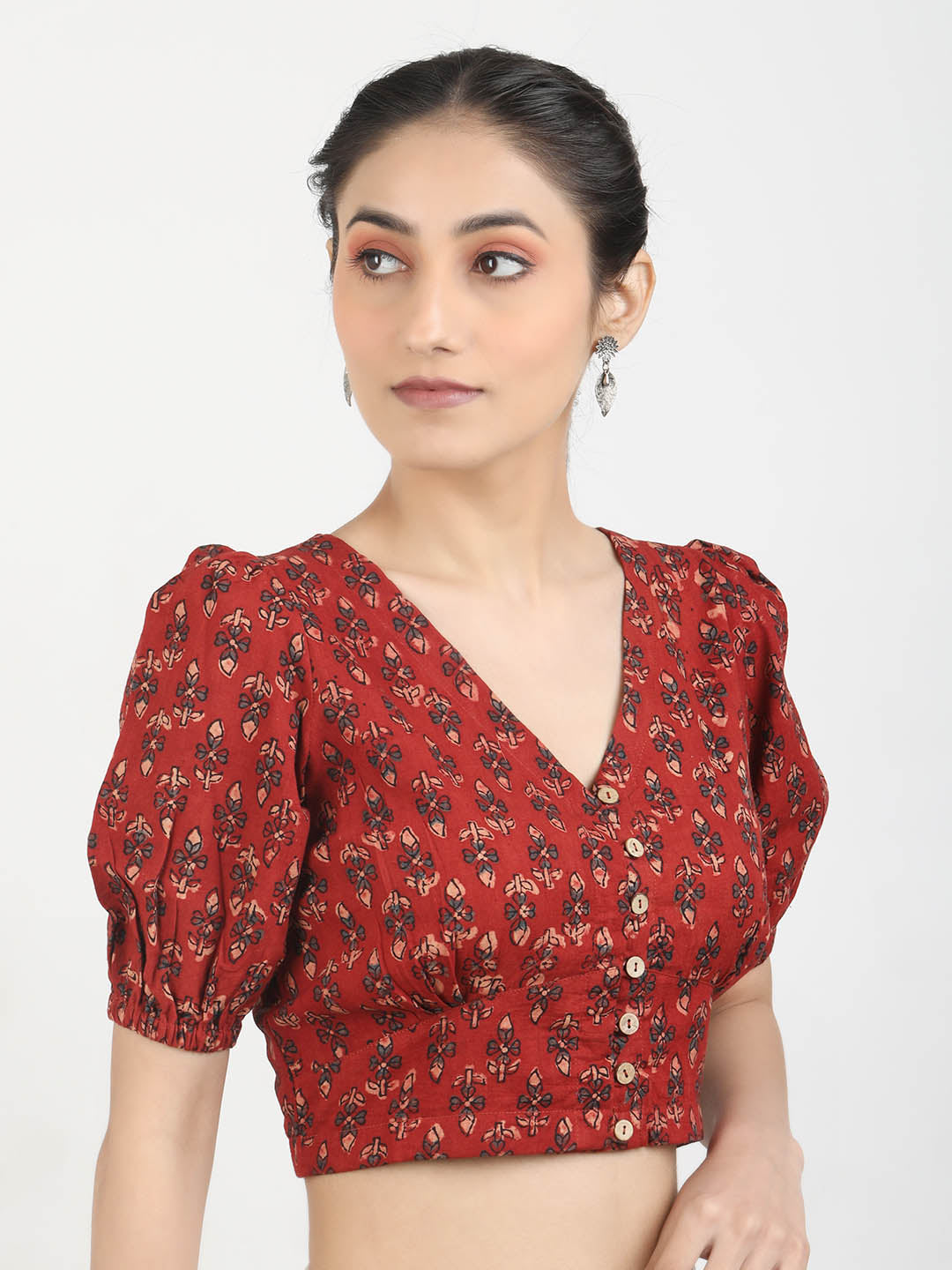 Women Maroon Ajrakh Block Printed Cotton Ready To Wear Non Padded Saree Blouse