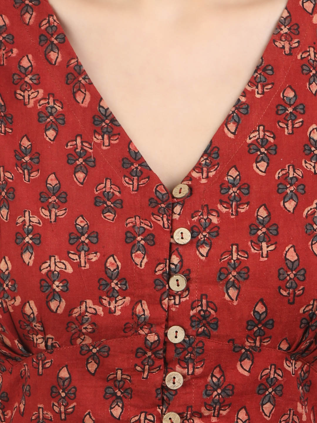 Women Maroon Ajrakh Block Printed Cotton Ready To Wear Non Padded Saree Blouse