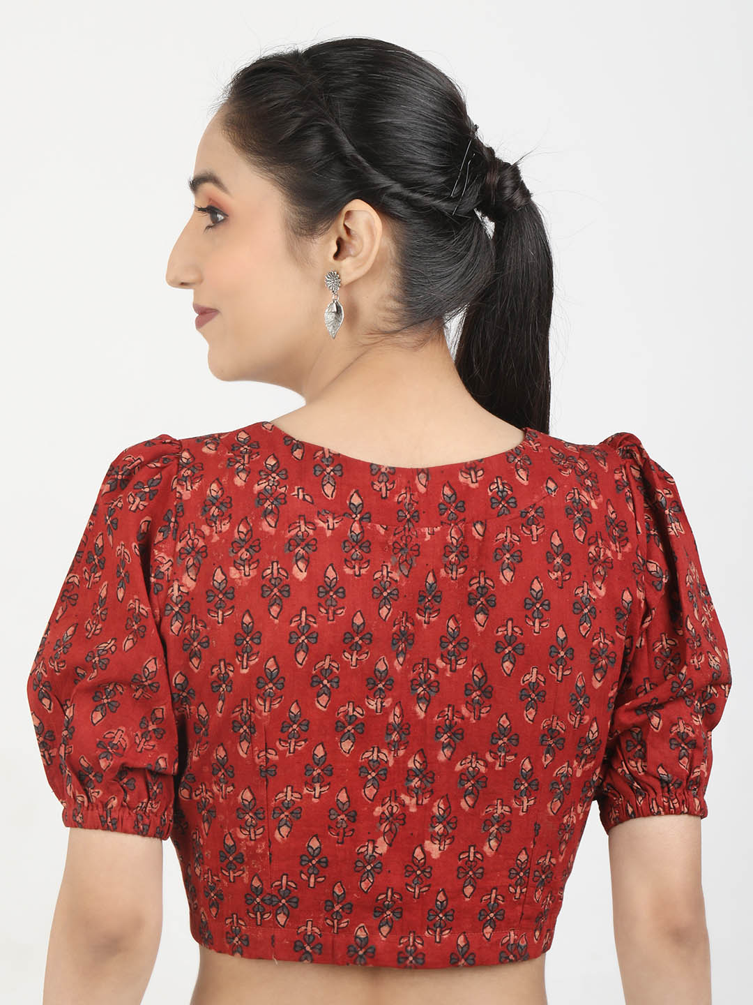 Women Maroon Ajrakh Block Printed Cotton Ready To Wear Non Padded Saree Blouse