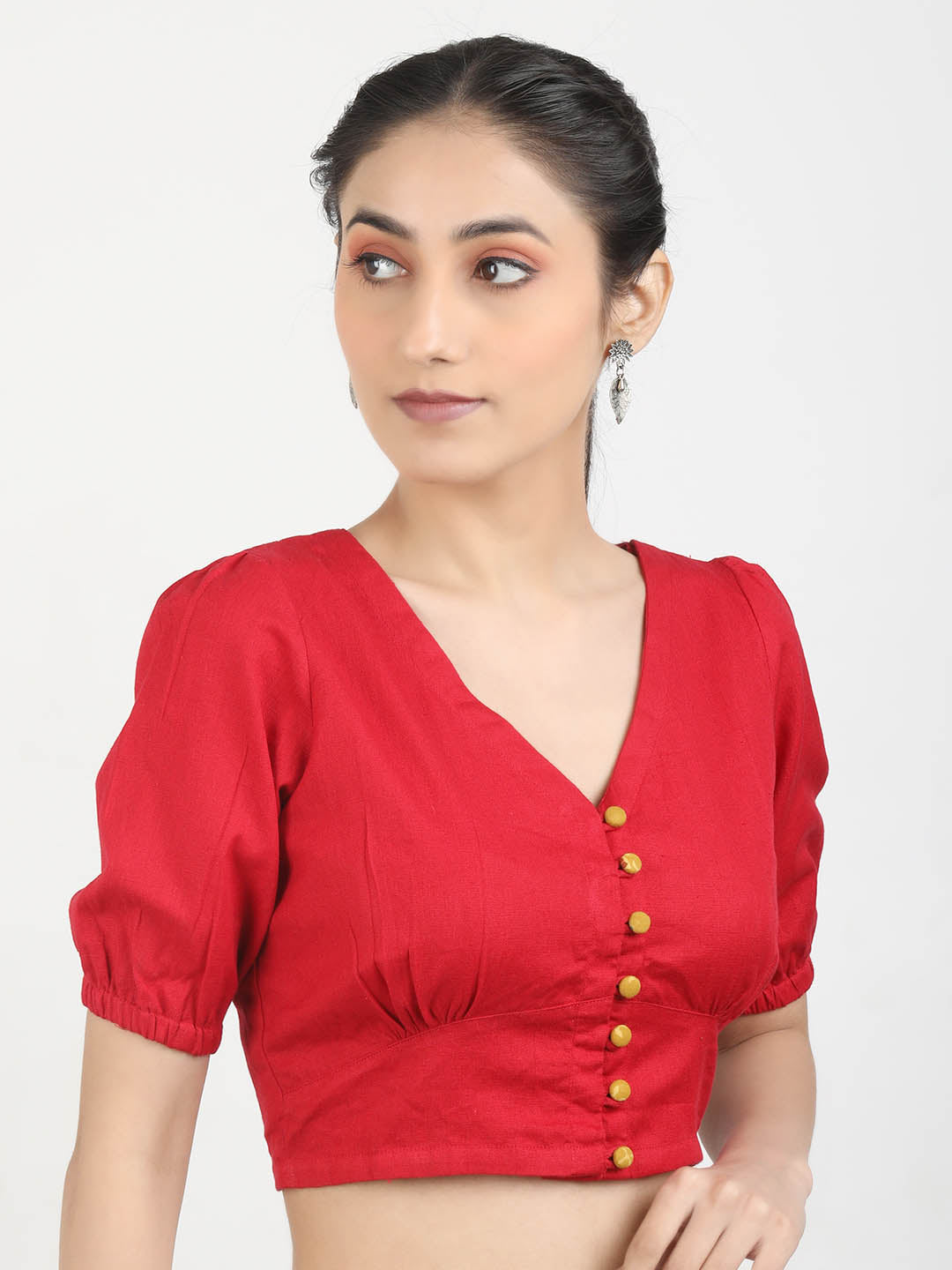 Women Red solid Cotton Ready To Wear Non Padded Saree Blouse