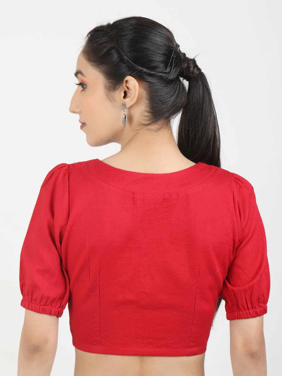 Women Red solid Cotton Ready To Wear Non Padded Saree Blouse