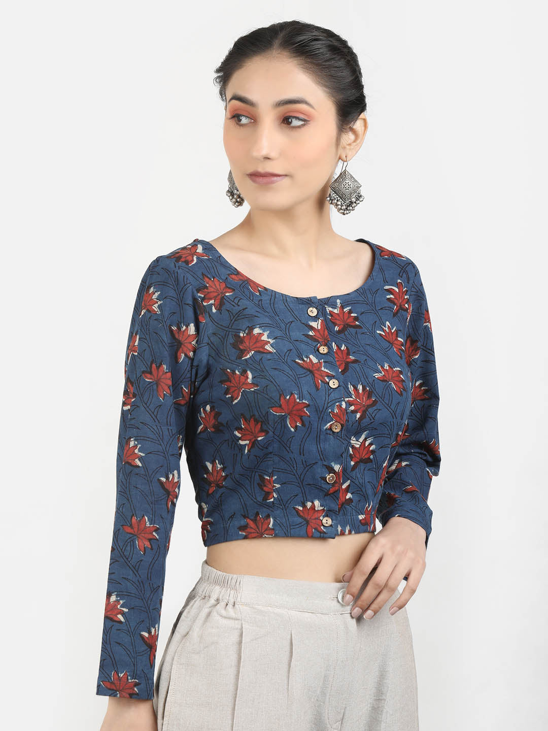 Women Blue Block Printed Cotton Ready To Wear Non Padded Saree Blouse
