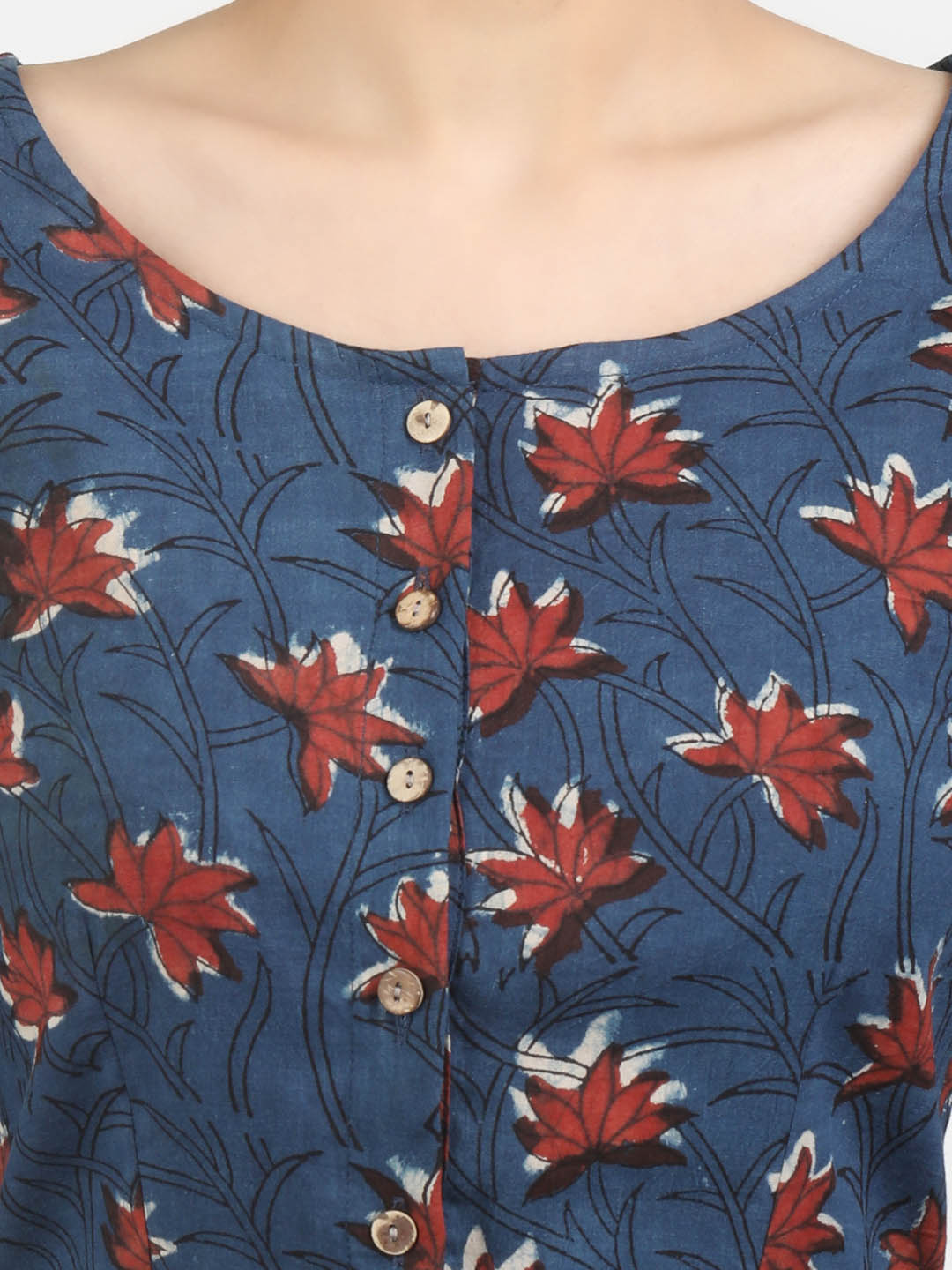 Women Blue Block Printed Cotton Ready To Wear Non Padded Saree Blouse