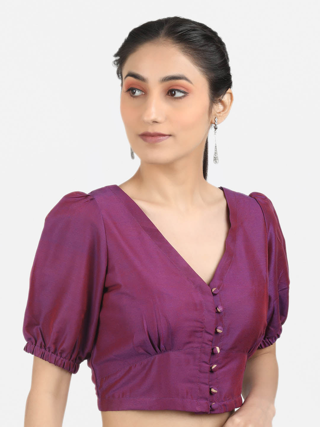 Women Solid Purple Art Silk Ready To Wear Non Padded Saree Blouse