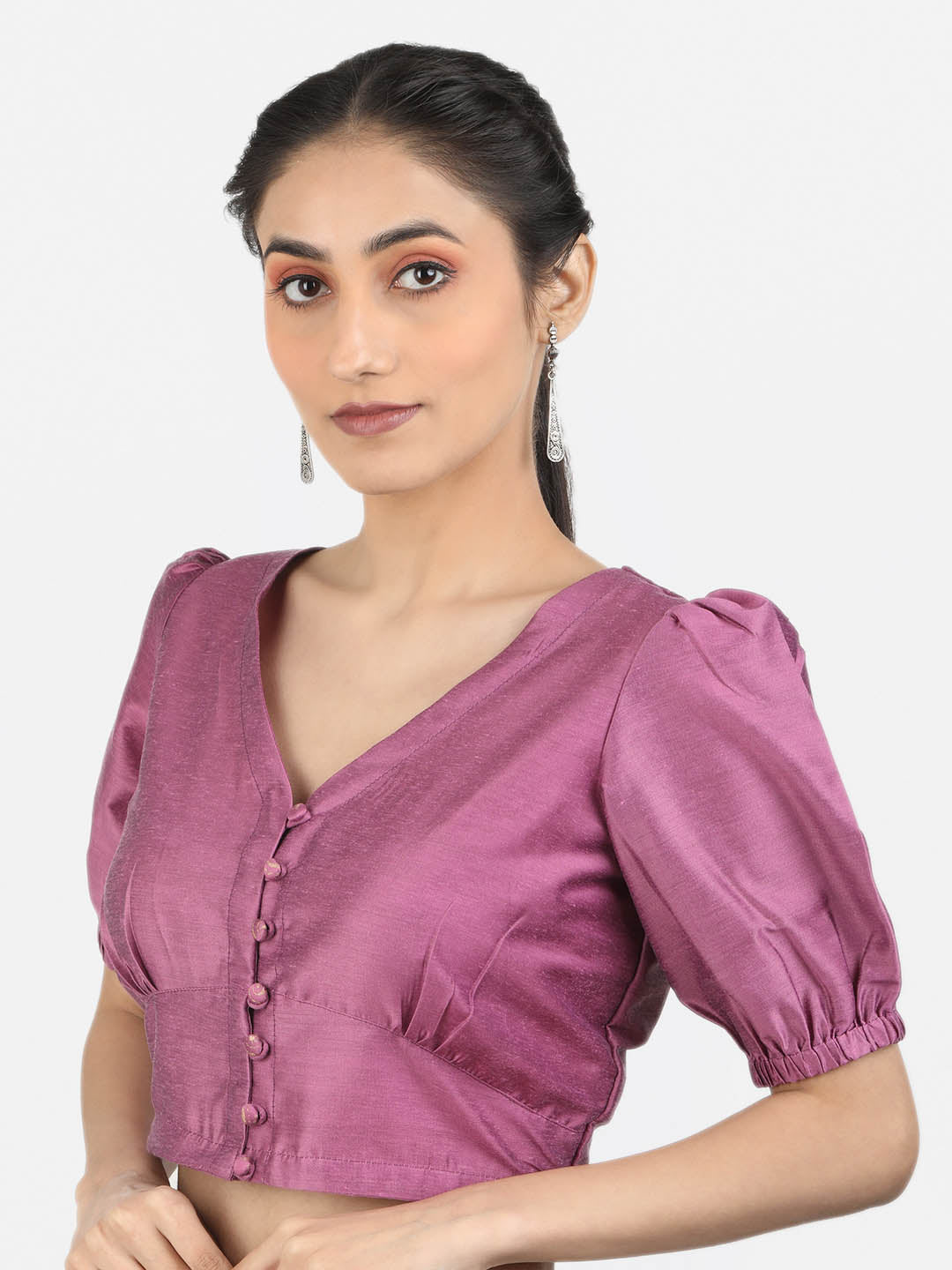 Women Solid Purple Art Silk Ready To Wear Non Padded Saree Blouse