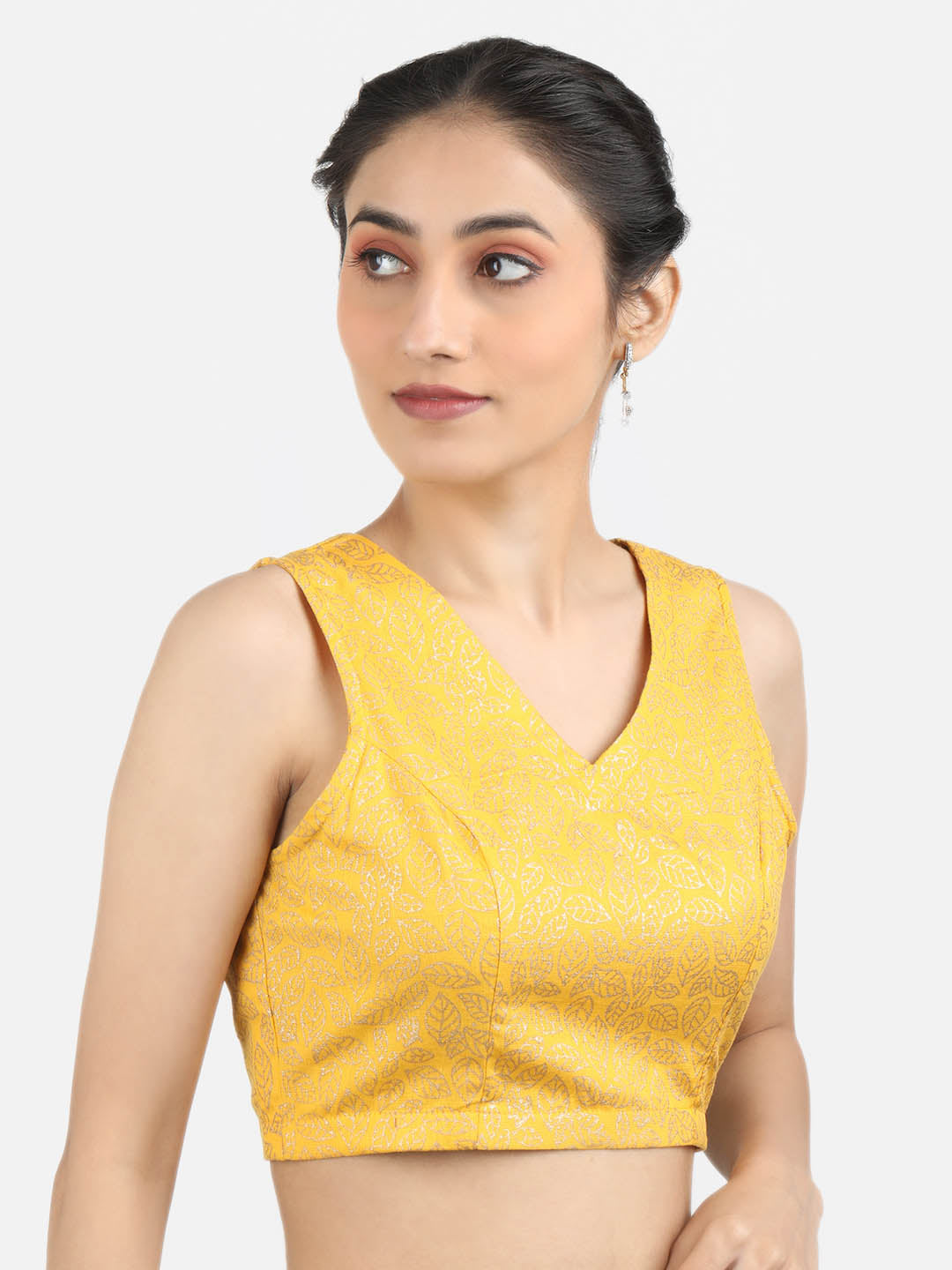 Women Yellow Block Printed Cotton Ready To Wear Non Padded Saree Blouse