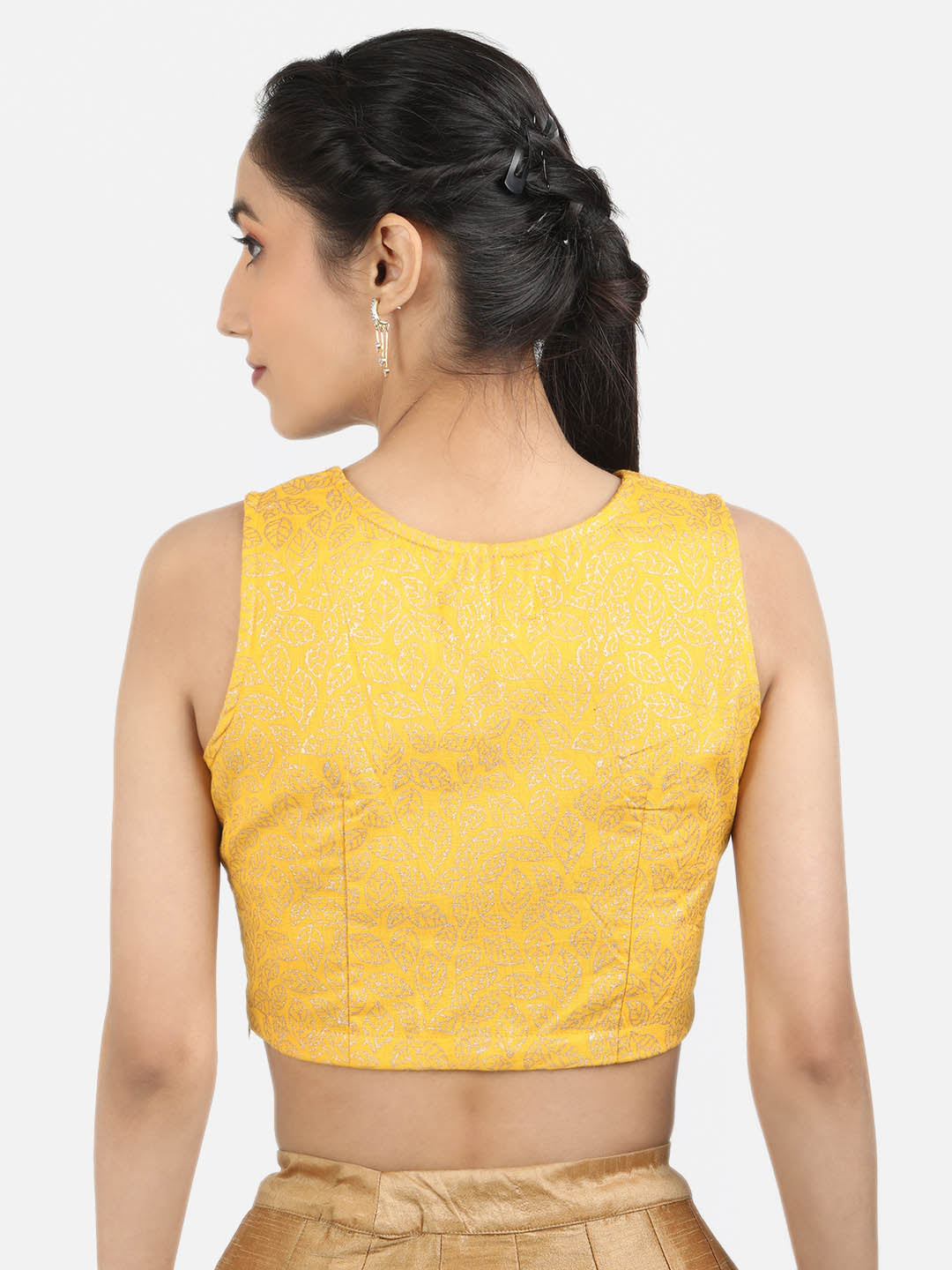 Women Yellow Block Printed Cotton Ready To Wear Non Padded Saree Blouse