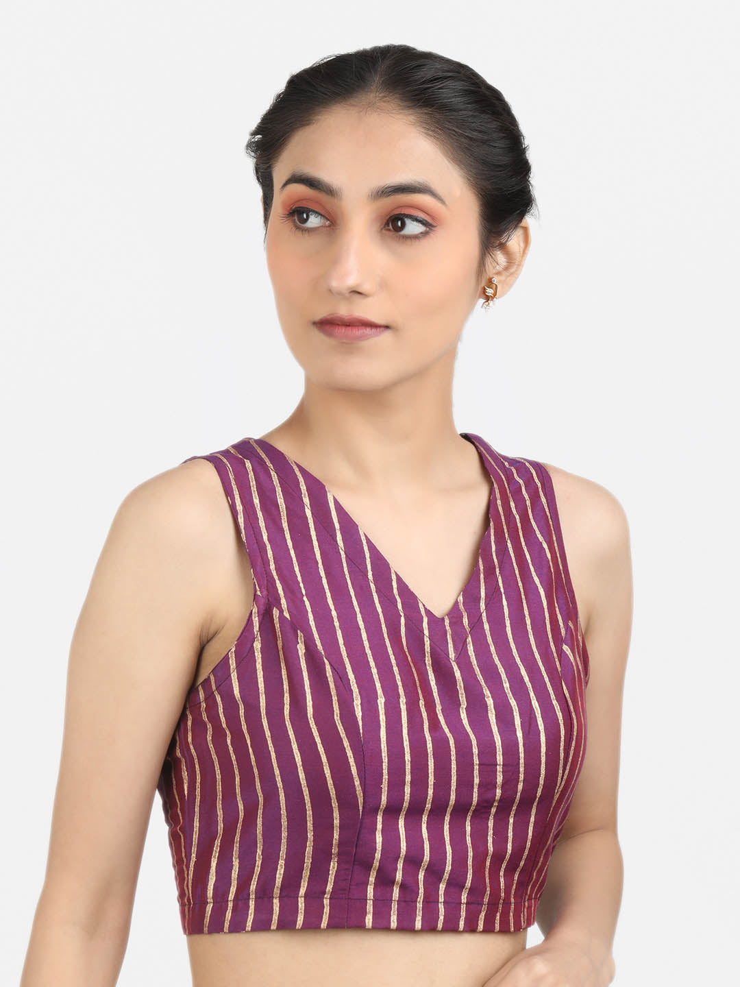 Women Purple Block Printed Art Silk Ready To Wear Non Padded Saree Blouse