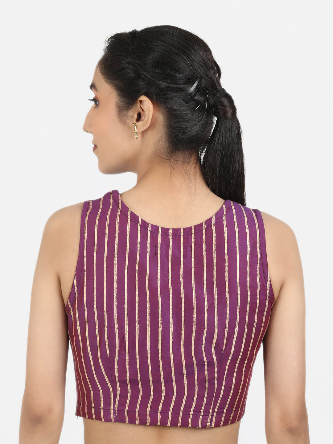 Women Purple Block Printed Art Silk Ready To Wear Non Padded Saree Blouse