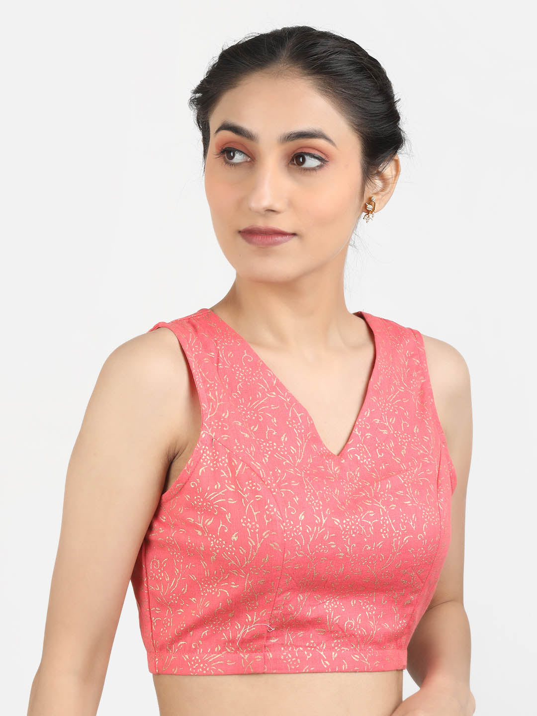 Women Pink Block Printed Cotton Ready To Wear Non Padded Saree Blouse