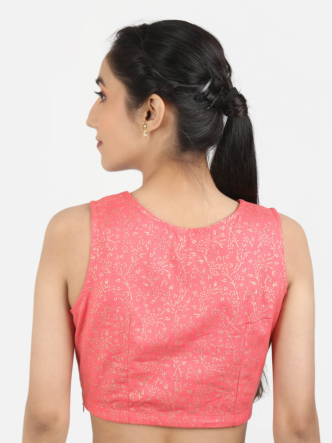 Women Pink Block Printed Cotton Ready To Wear Non Padded Saree Blouse