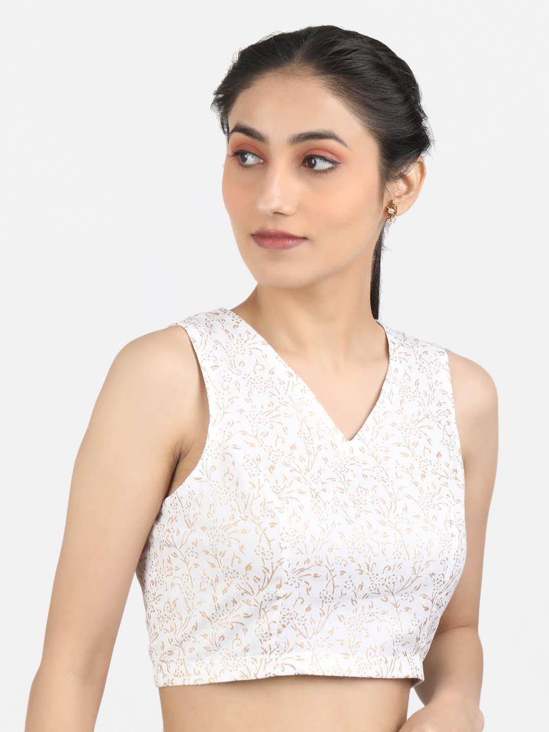 Women White Block Printed Cotton Ready To Wear Non Padded Saree Blouse