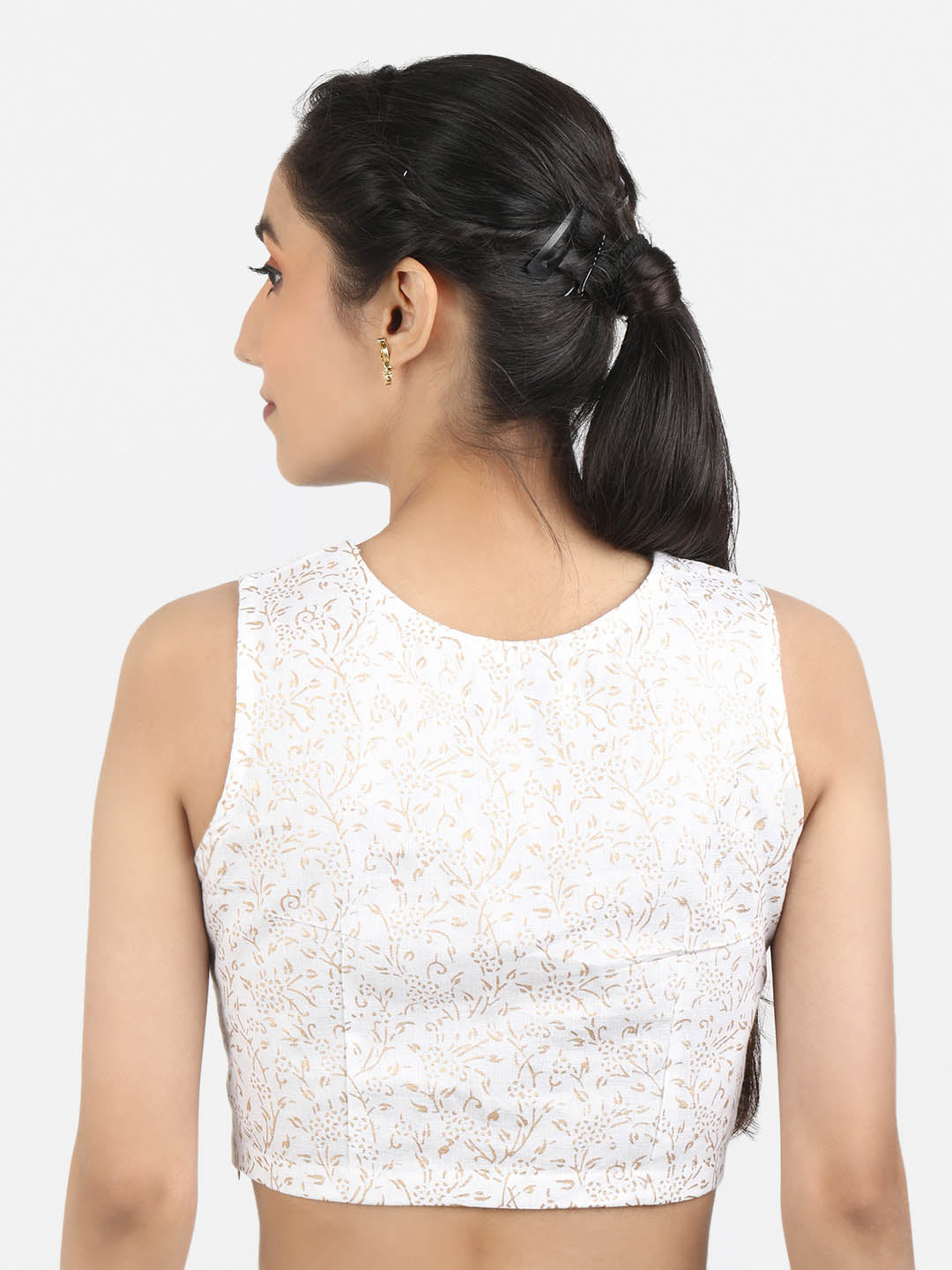 Women White Block Printed Cotton Ready To Wear Non Padded Saree Blouse