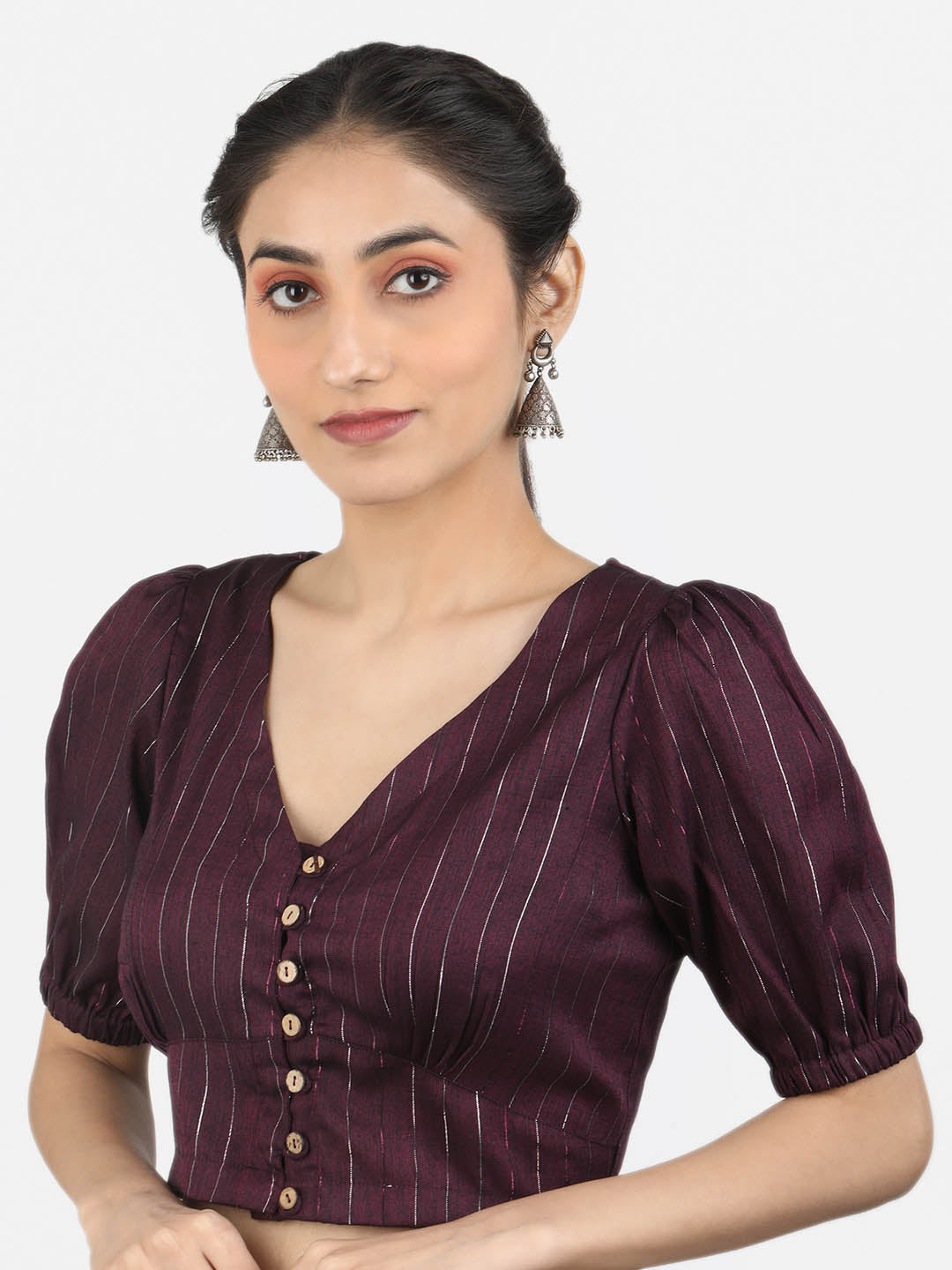 Women Burgandy & Silver Woven Cotton Ready To Wear Non Padded Saree Blouse