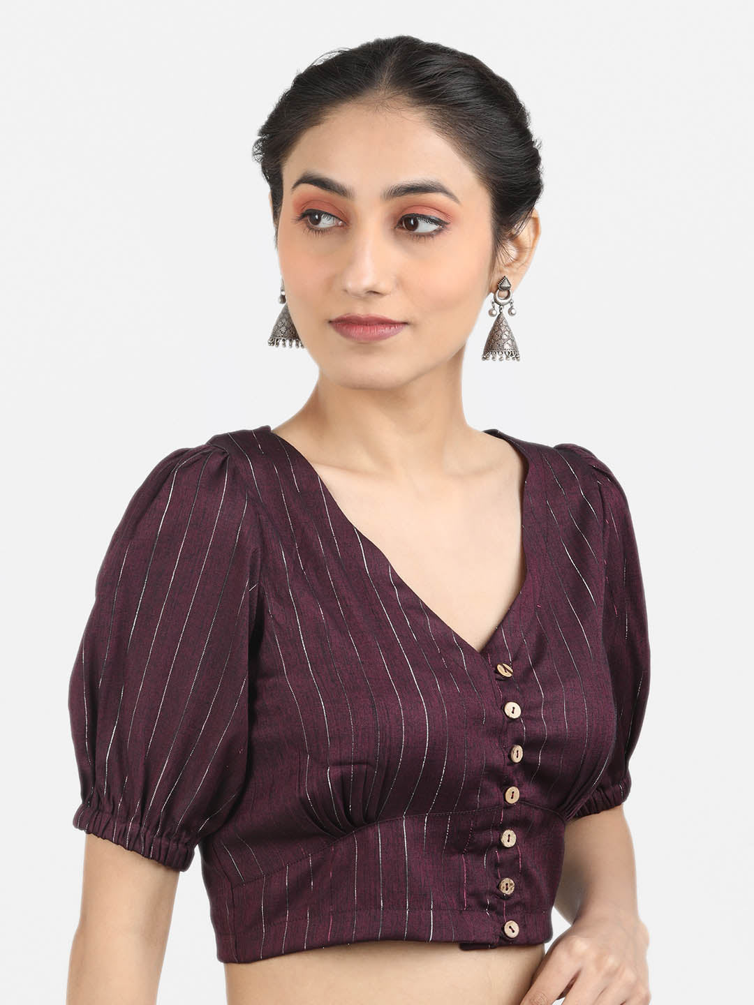 Women Burgandy & Silver Woven Cotton Ready To Wear Non Padded Saree Blouse