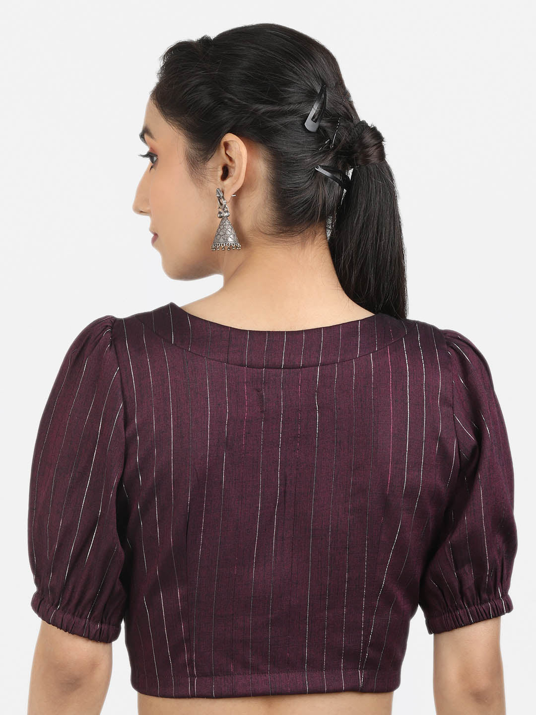 Women Burgandy & Silver Woven Cotton Ready To Wear Non Padded Saree Blouse