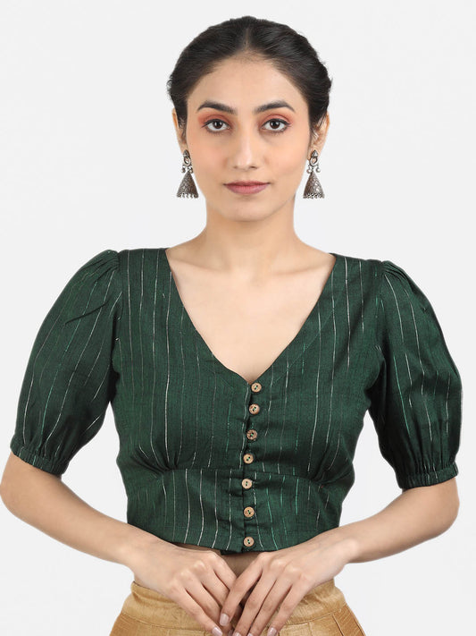 Women Green & Silver Woven Cotton Ready To Wear Non Padded Saree Blouse