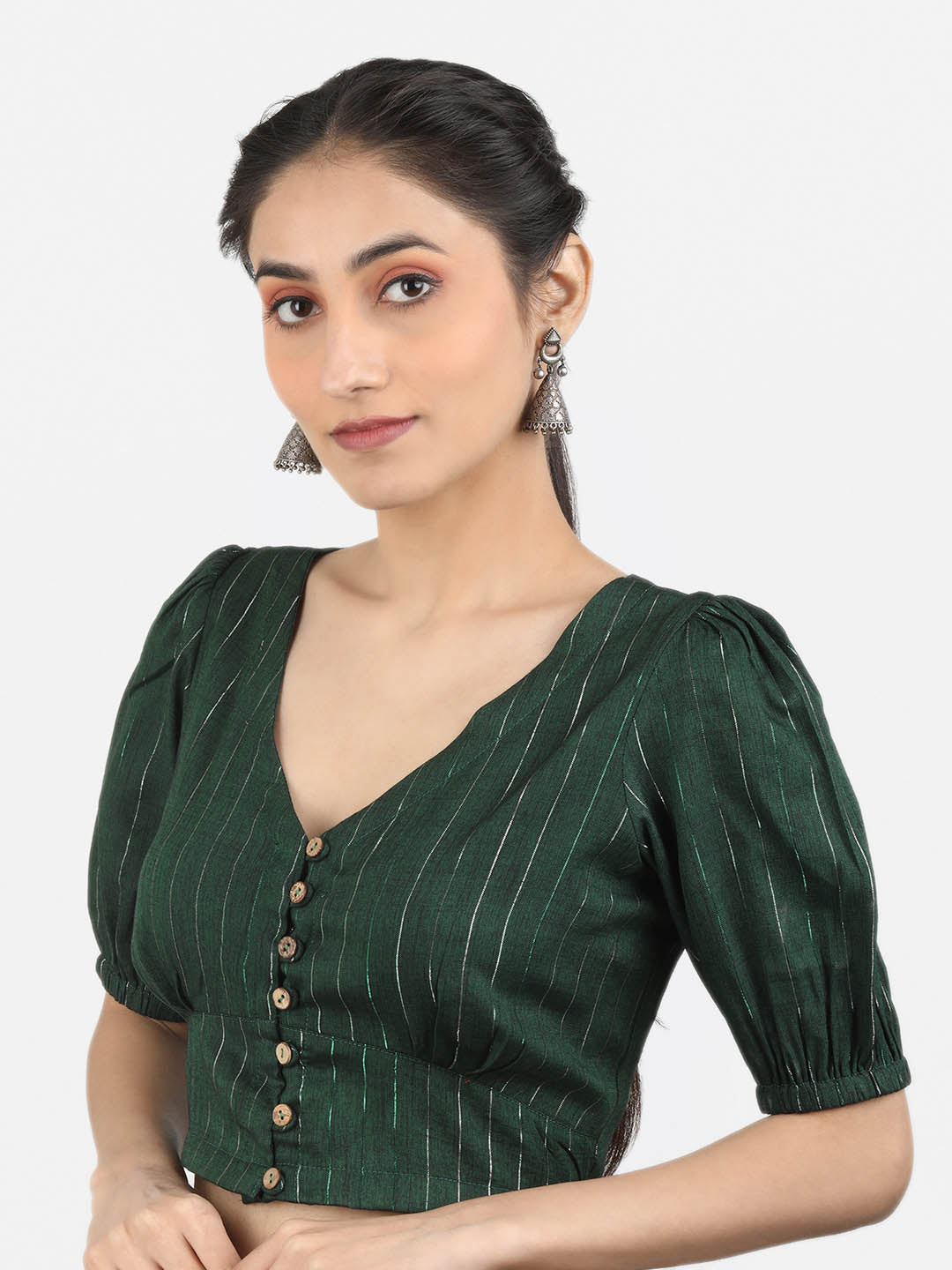 Women Green & Silver Woven Cotton Ready To Wear Non Padded Saree Blouse