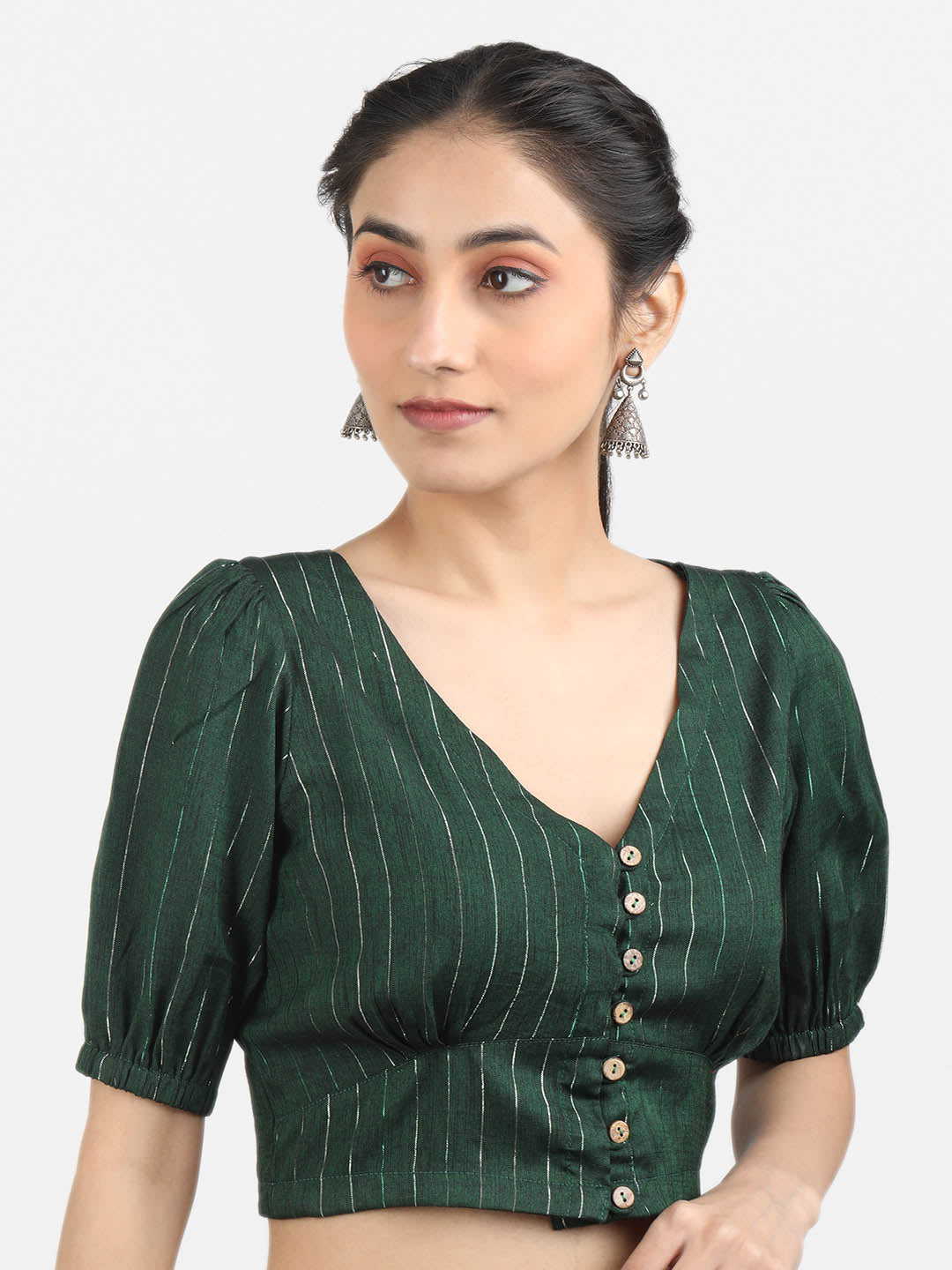 Women Green & Silver Woven Cotton Ready To Wear Non Padded Saree Blouse
