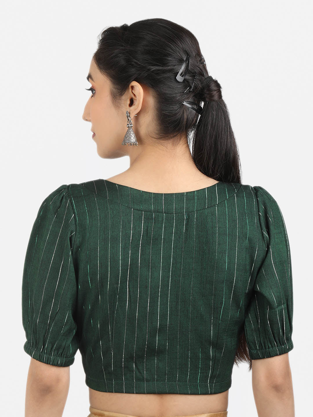 Women Green & Silver Woven Cotton Ready To Wear Non Padded Saree Blouse