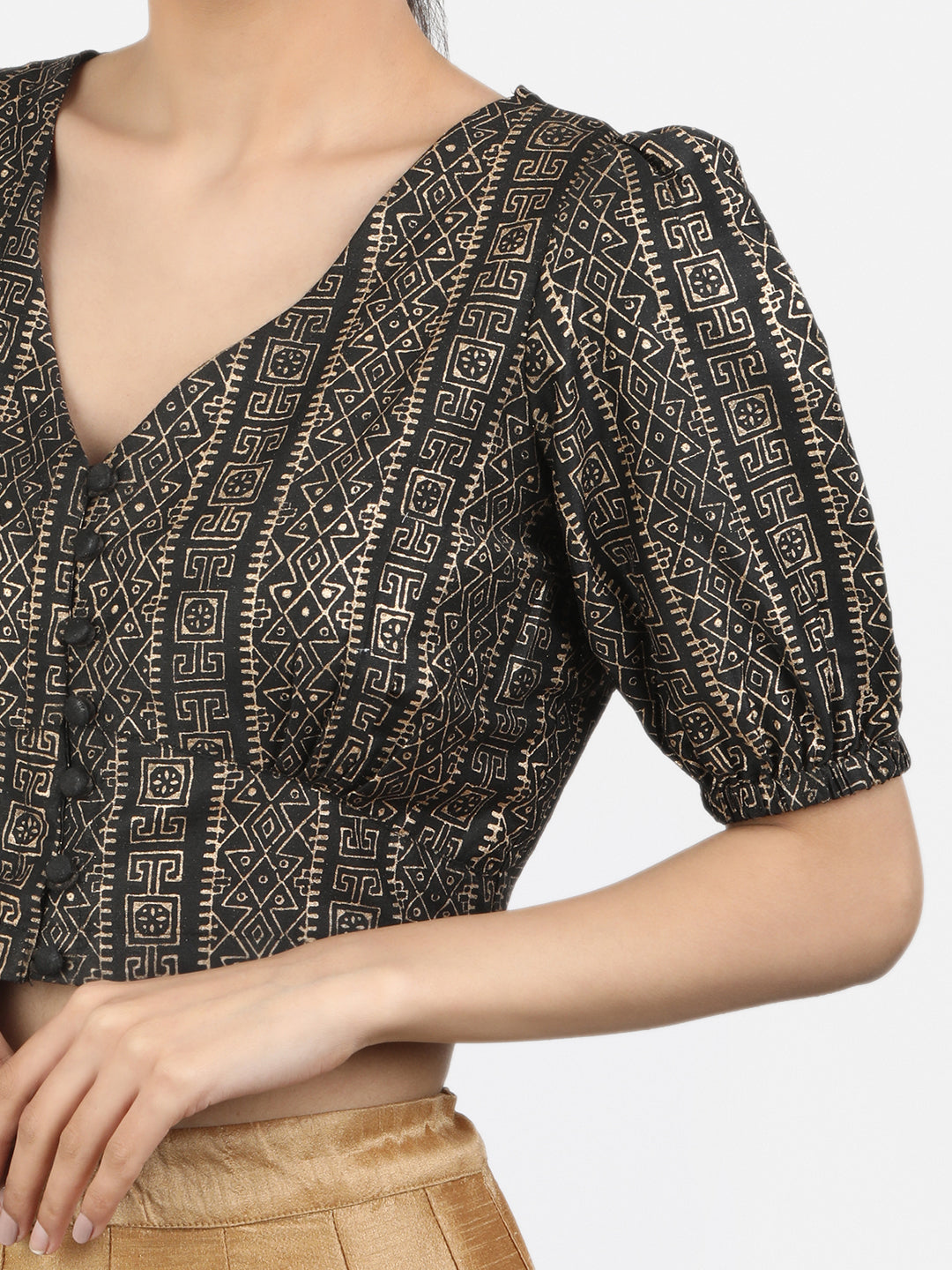Printed Art Silk Puff Sleeves Non Padded Saree Blouse
