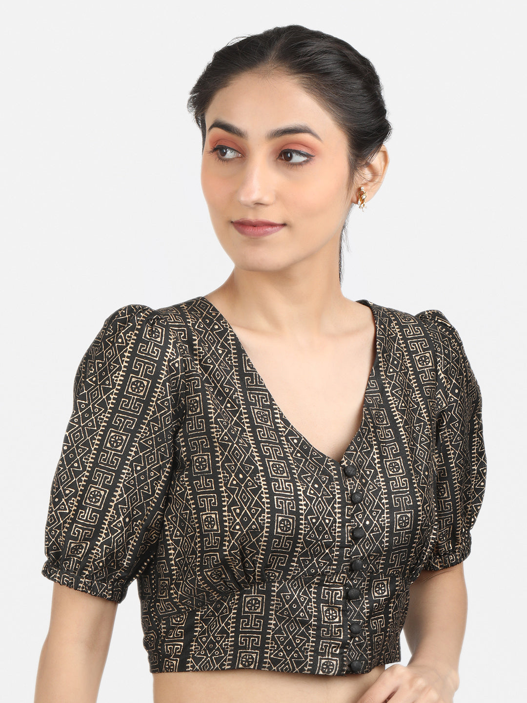 Printed Art Silk Puff Sleeves Non Padded Saree Blouse