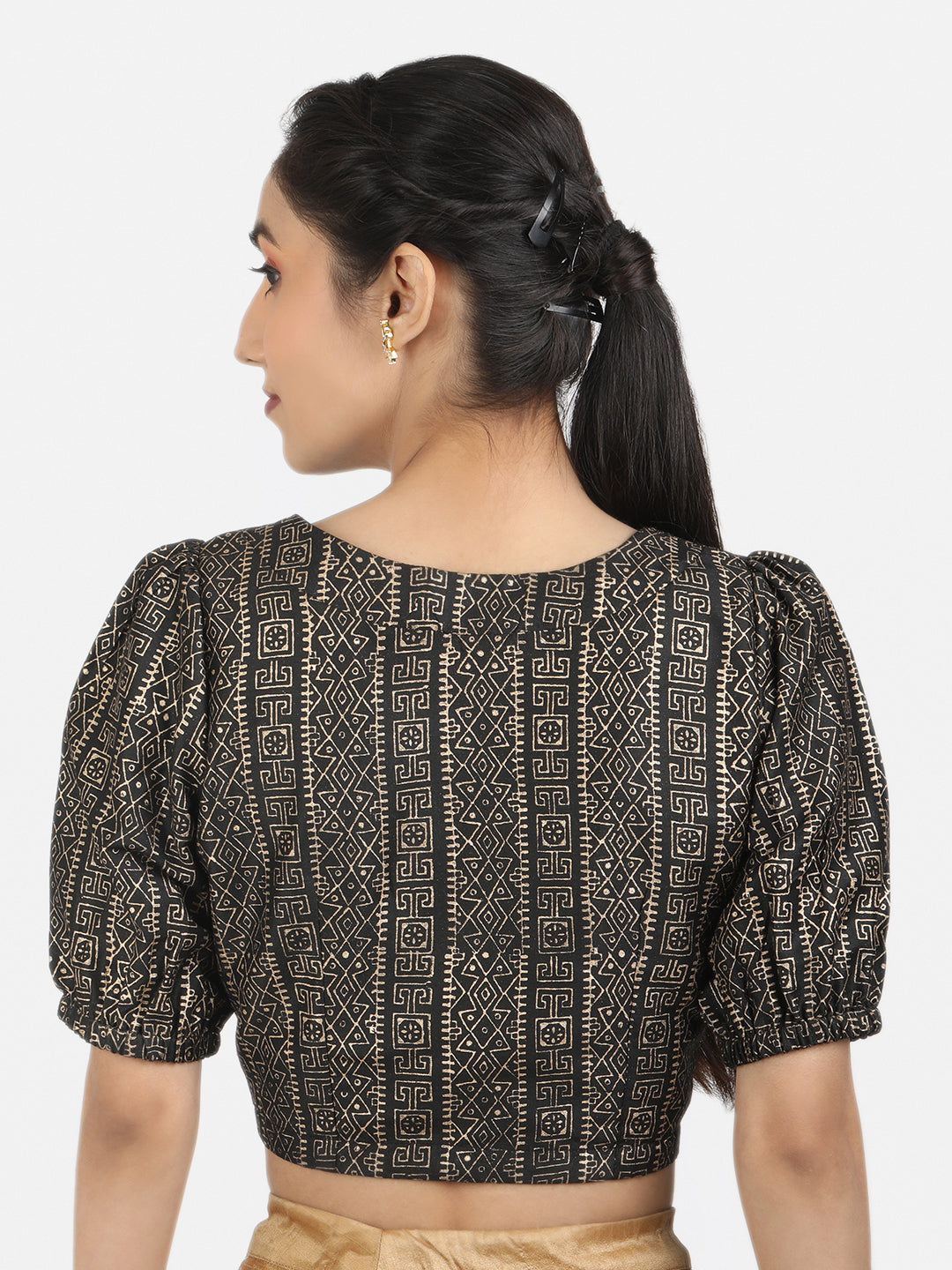 Printed Art Silk Puff Sleeves Non Padded Saree Blouse