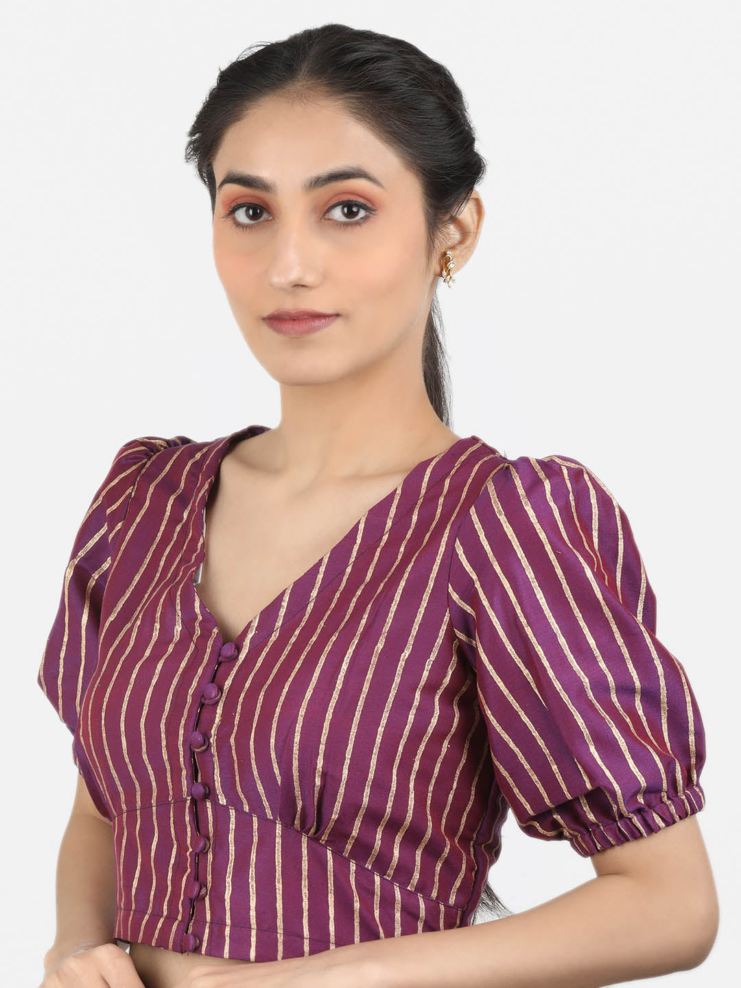 Women Purple Block Printed Art Silk Ready To Wear Non Padded Saree Blouse