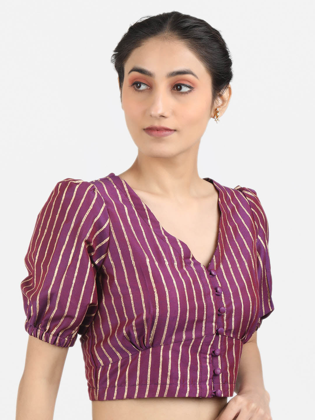 Women Purple Block Printed Art Silk Ready To Wear Non Padded Saree Blouse