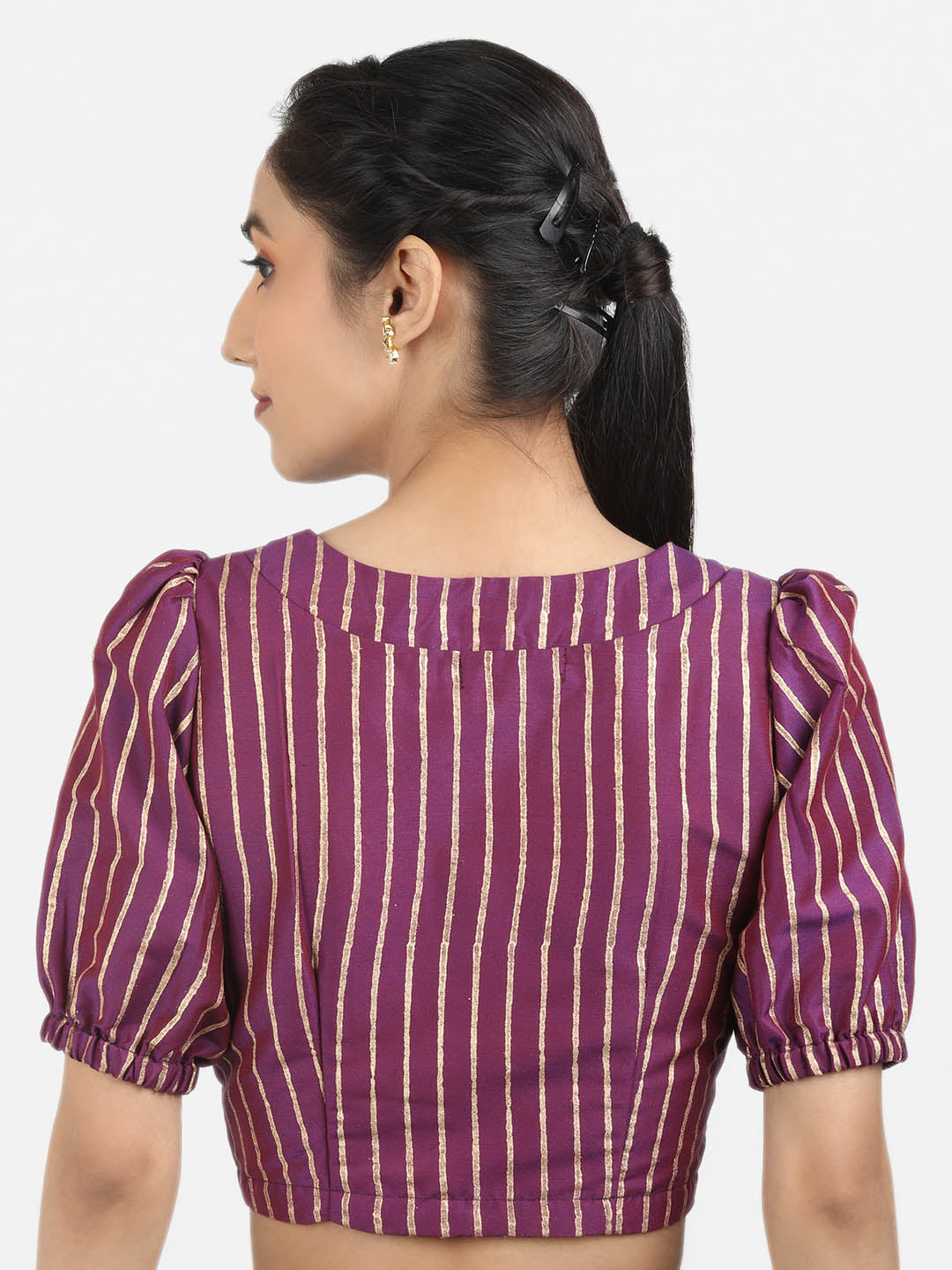 Women Purple Block Printed Art Silk Ready To Wear Non Padded Saree Blouse