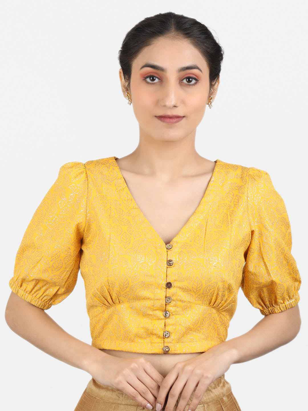 Women Yellow Block Printed Cotton Ready To Wear Non Padded Saree Blouse