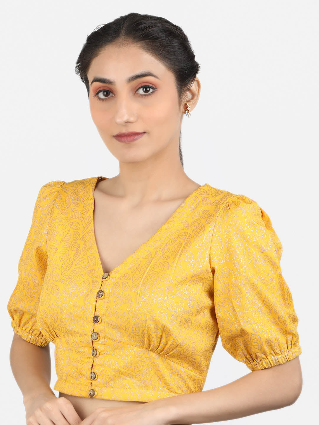Women Yellow Block Printed Cotton Ready To Wear Non Padded Saree Blouse