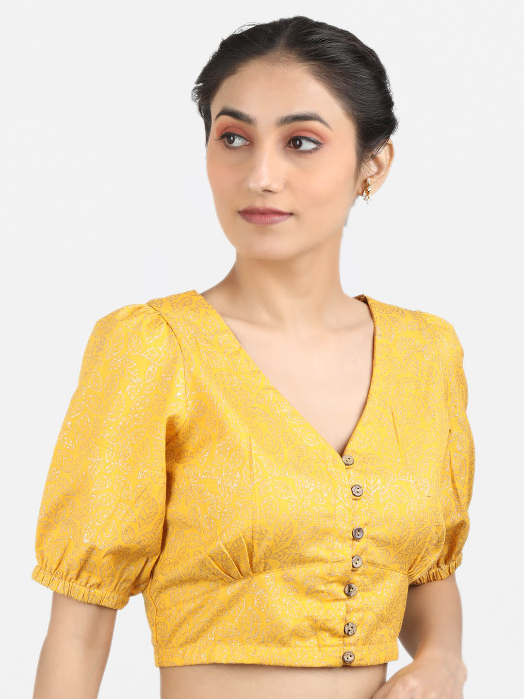 Women Yellow Block Printed Cotton Ready To Wear Non Padded Saree Blouse