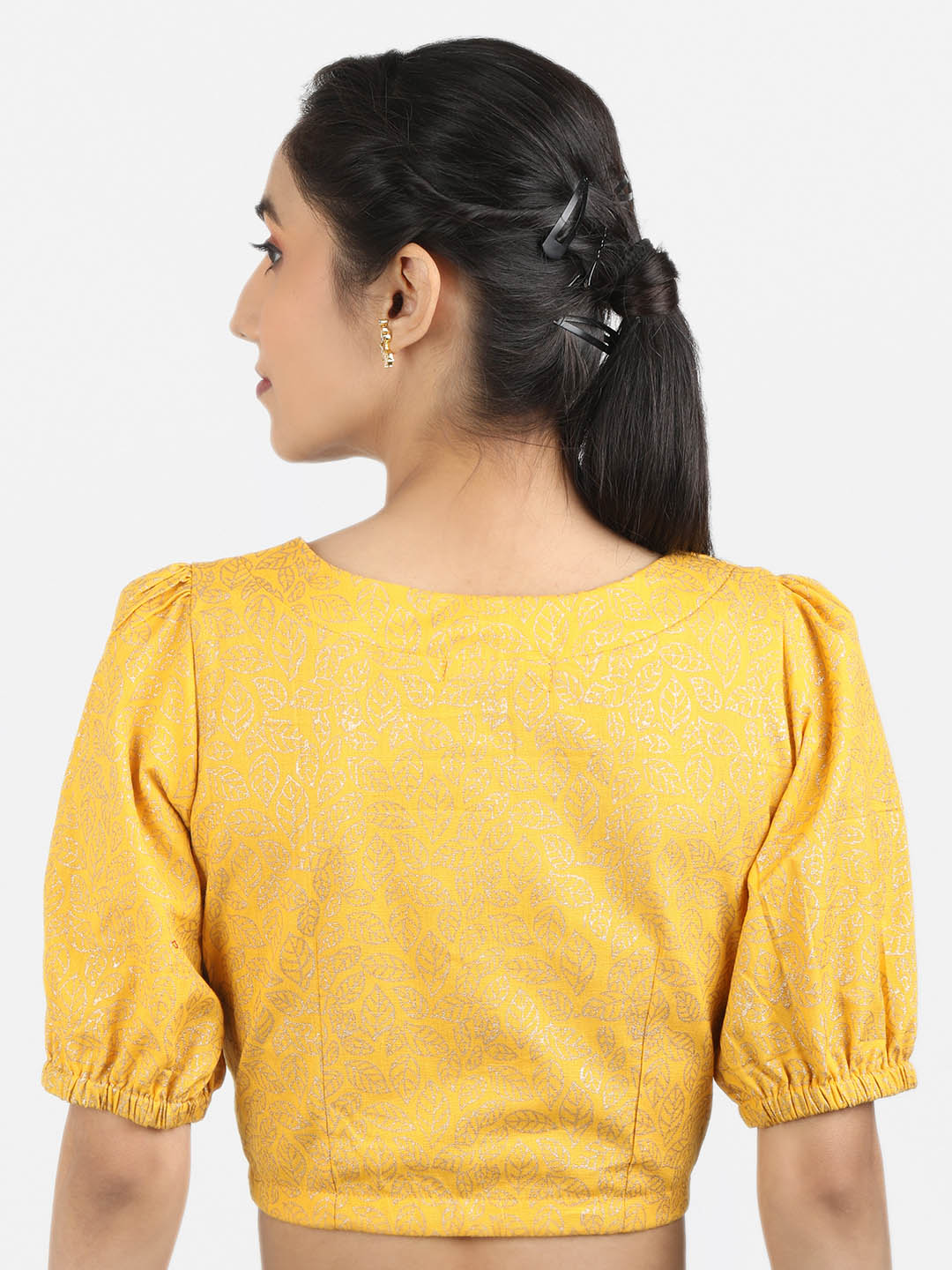 Women Yellow Block Printed Cotton Ready To Wear Non Padded Saree Blouse