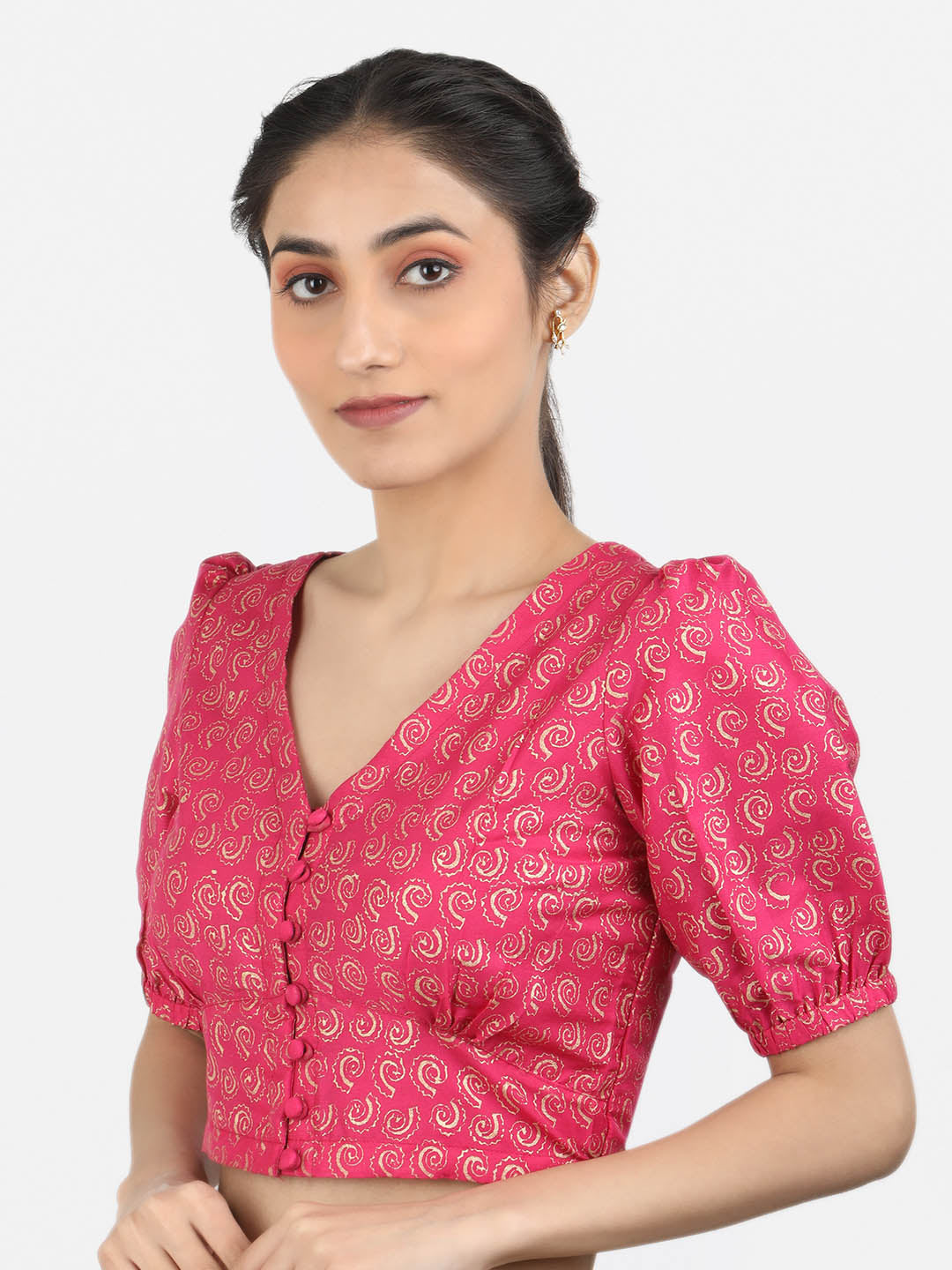 Women Pink Block Printed Art Silk Ready To Wear Non Padded Saree Blouse
