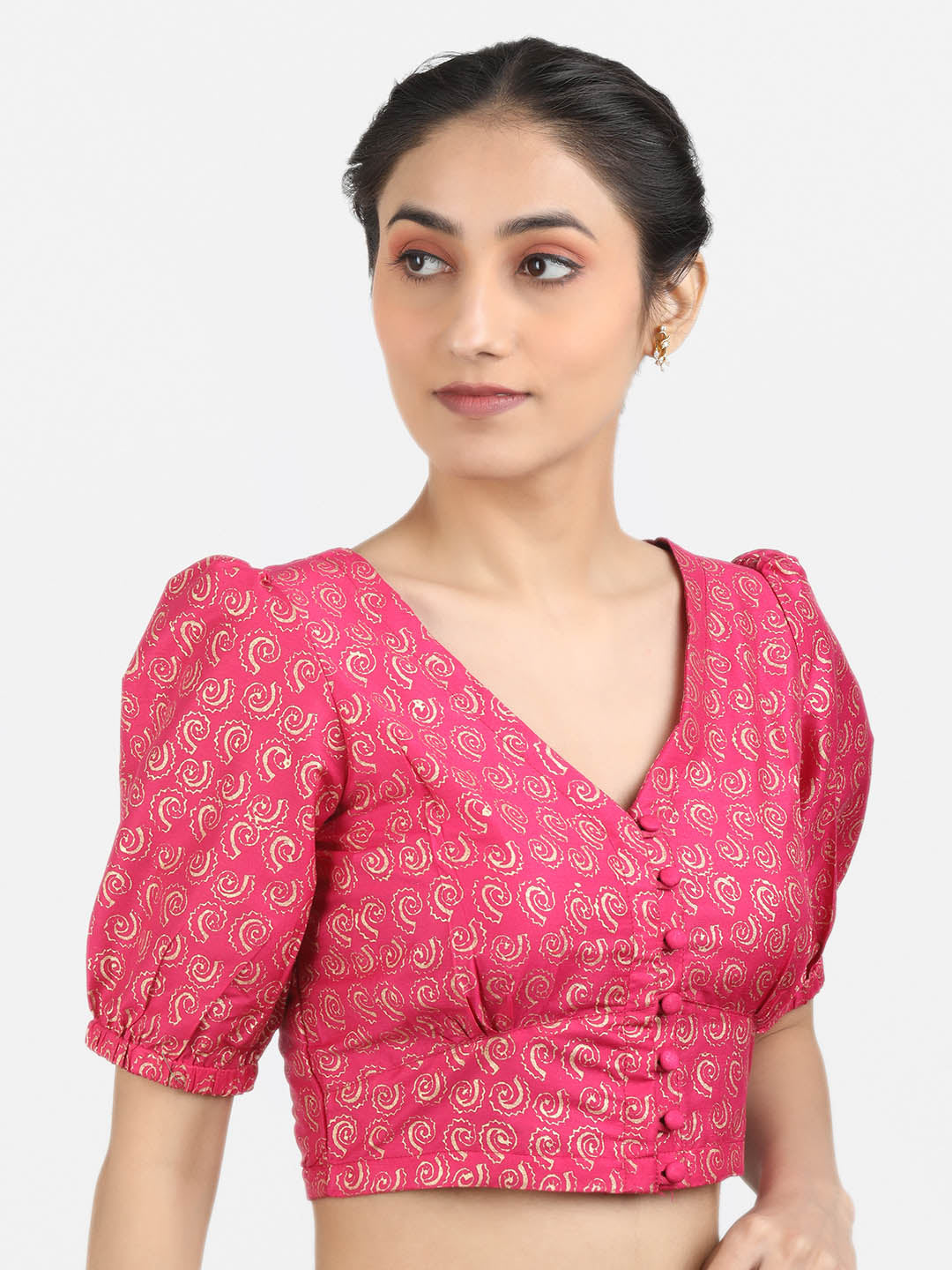 Women Pink Block Printed Art Silk Ready To Wear Non Padded Saree Blouse