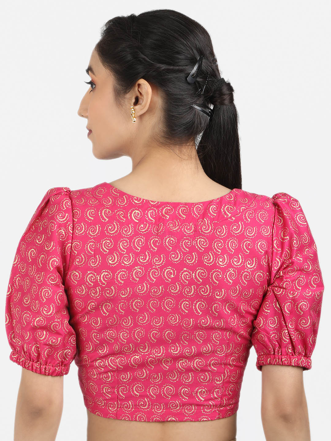 Women Pink Block Printed Art Silk Ready To Wear Non Padded Saree Blouse