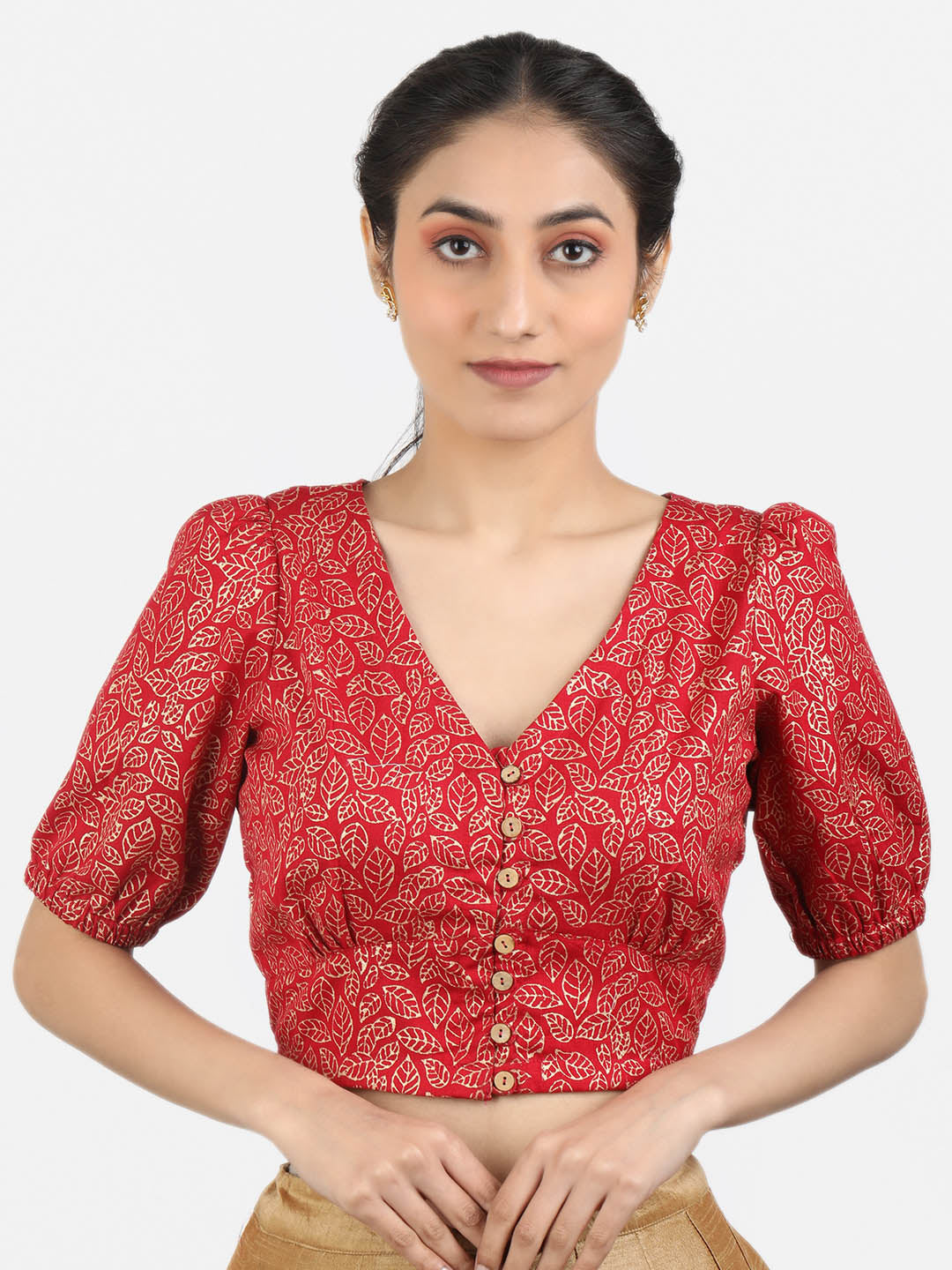 Women Red Block Printed Cotton Ready To Wear Non Padded Saree Blouse
