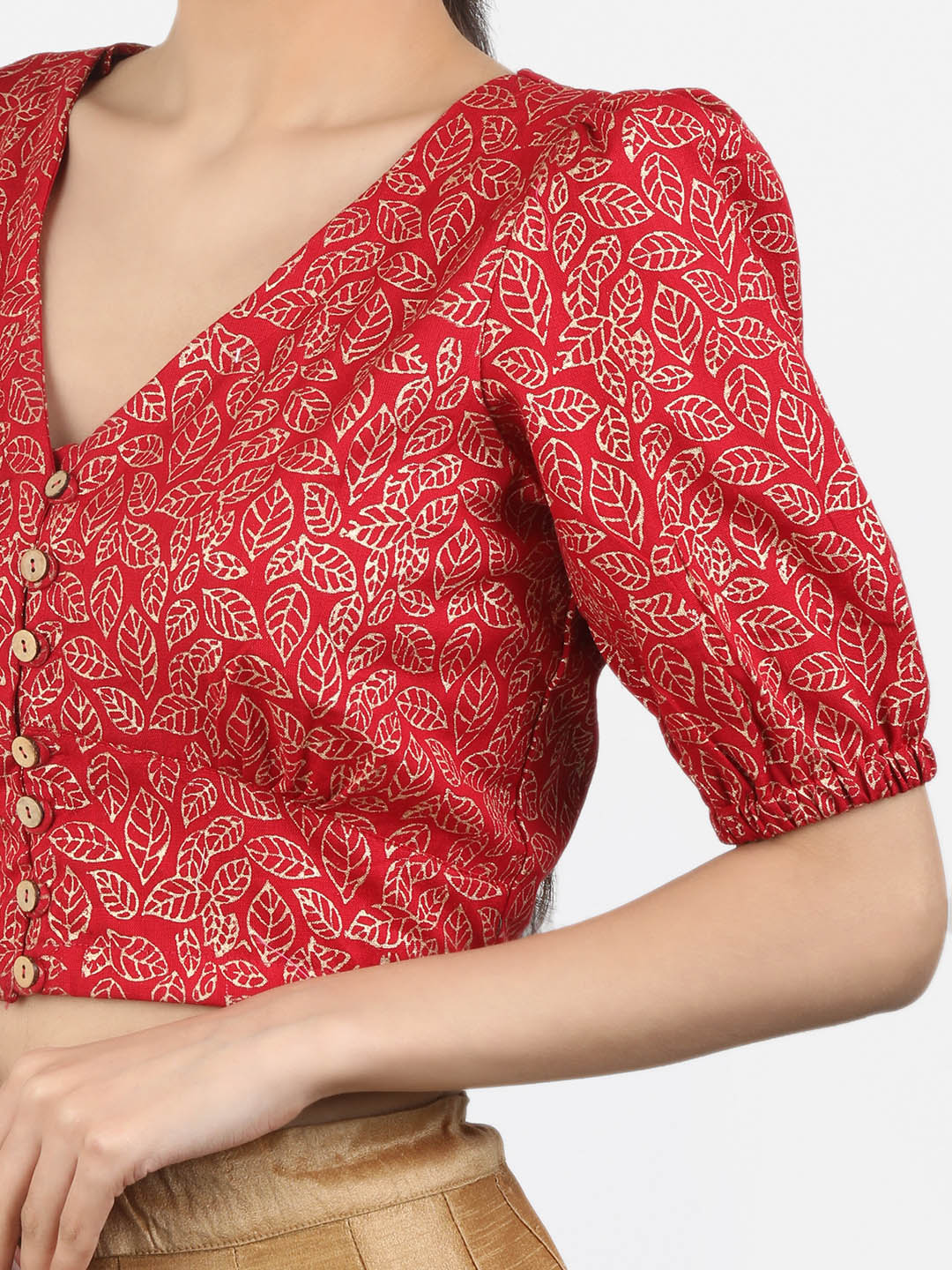 Women Red Block Printed Cotton Ready To Wear Non Padded Saree Blouse