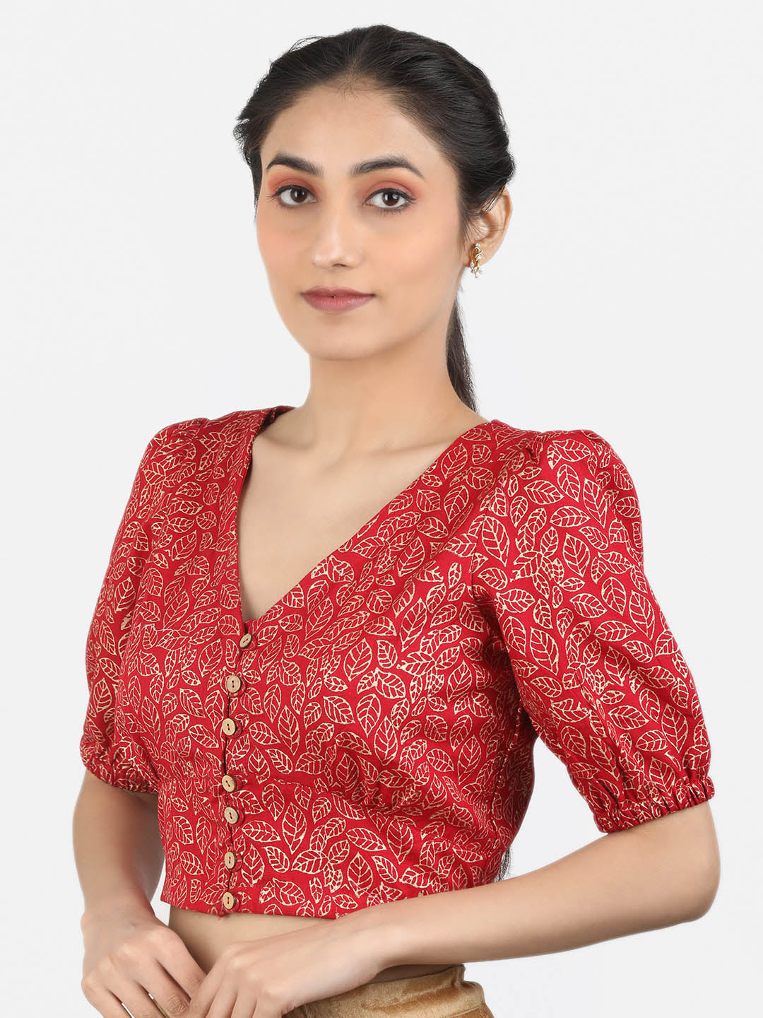 Women Red Block Printed Cotton Ready To Wear Non Padded Saree Blouse