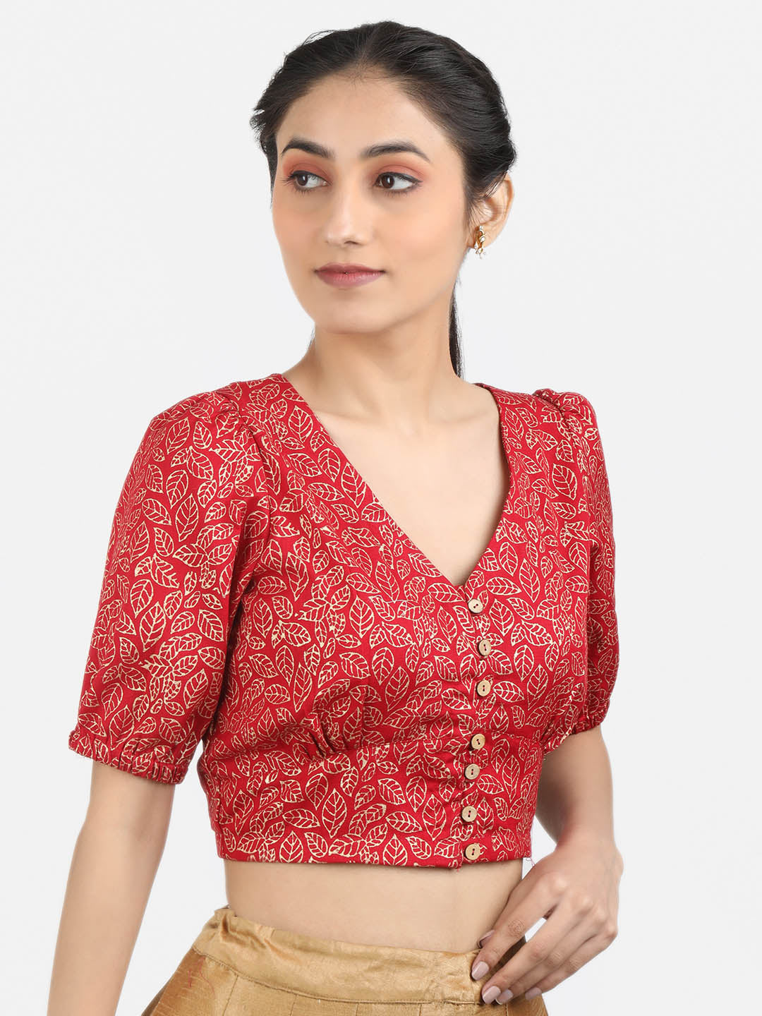 Women Red Block Printed Cotton Ready To Wear Non Padded Saree Blouse