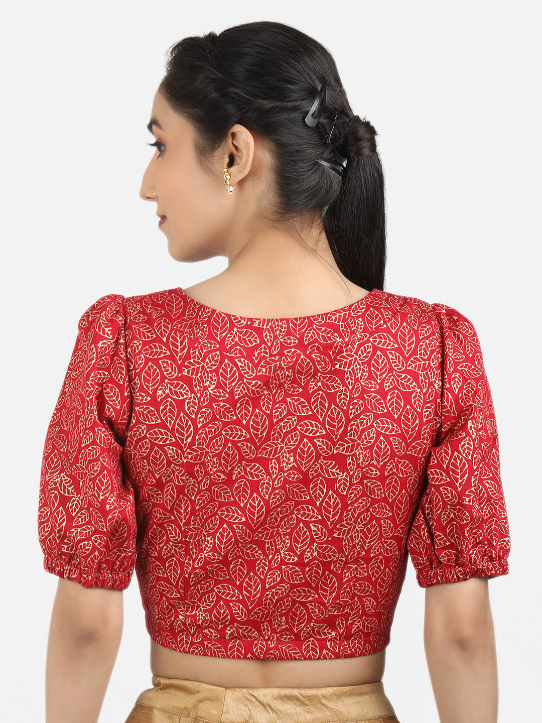 Women Red Block Printed Cotton Ready To Wear Non Padded Saree Blouse