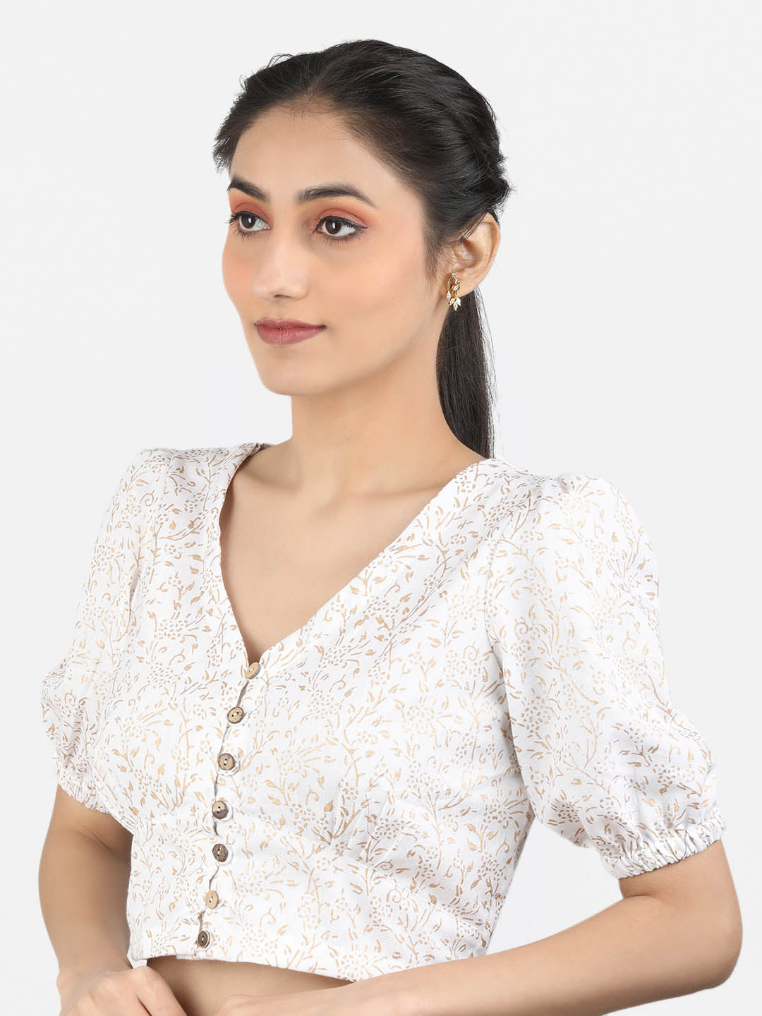 Women White Block Printed Cotton Ready To Wear Non Padded Saree Blouse