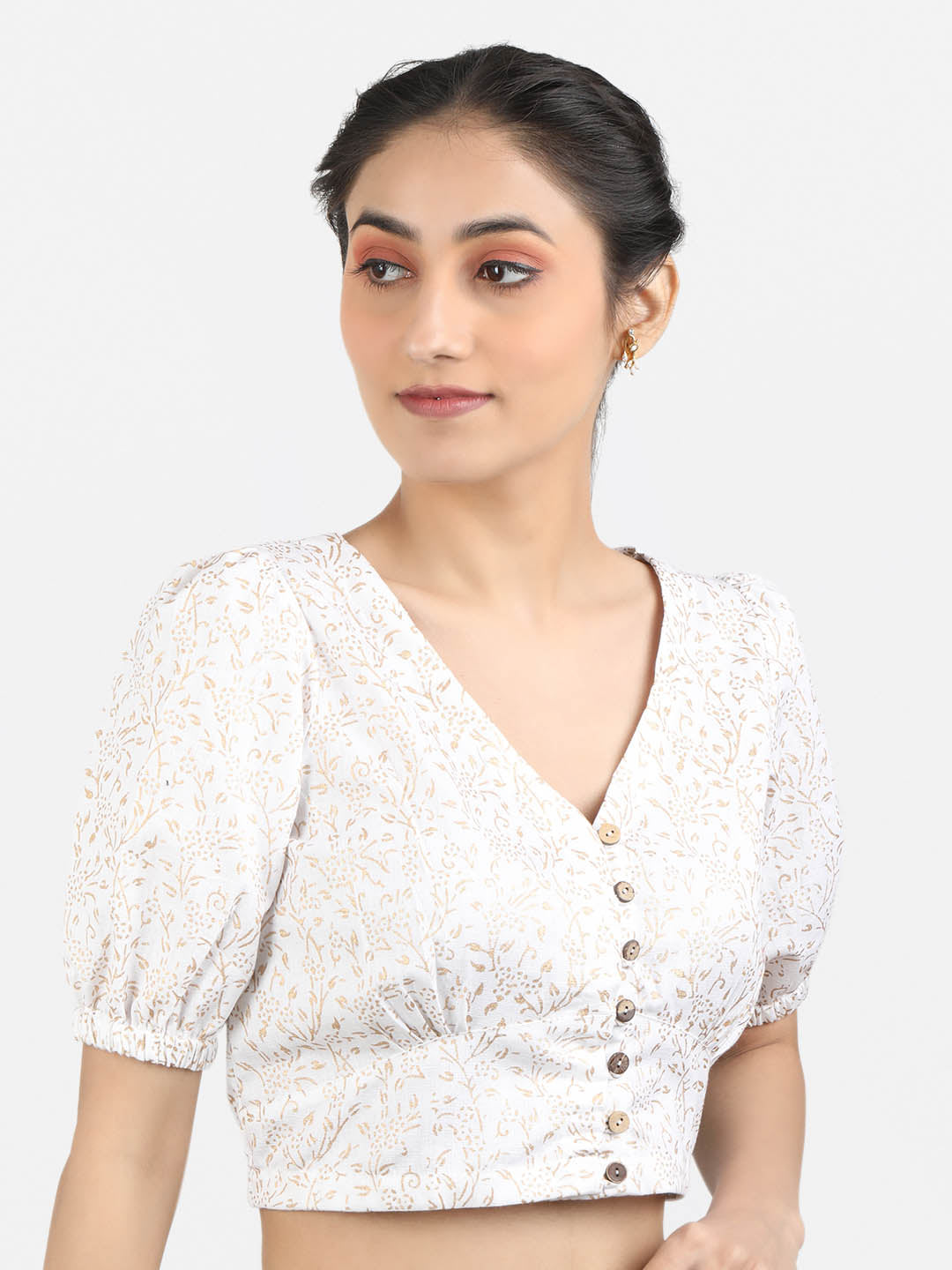 Women White Block Printed Cotton Ready To Wear Non Padded Saree Blouse