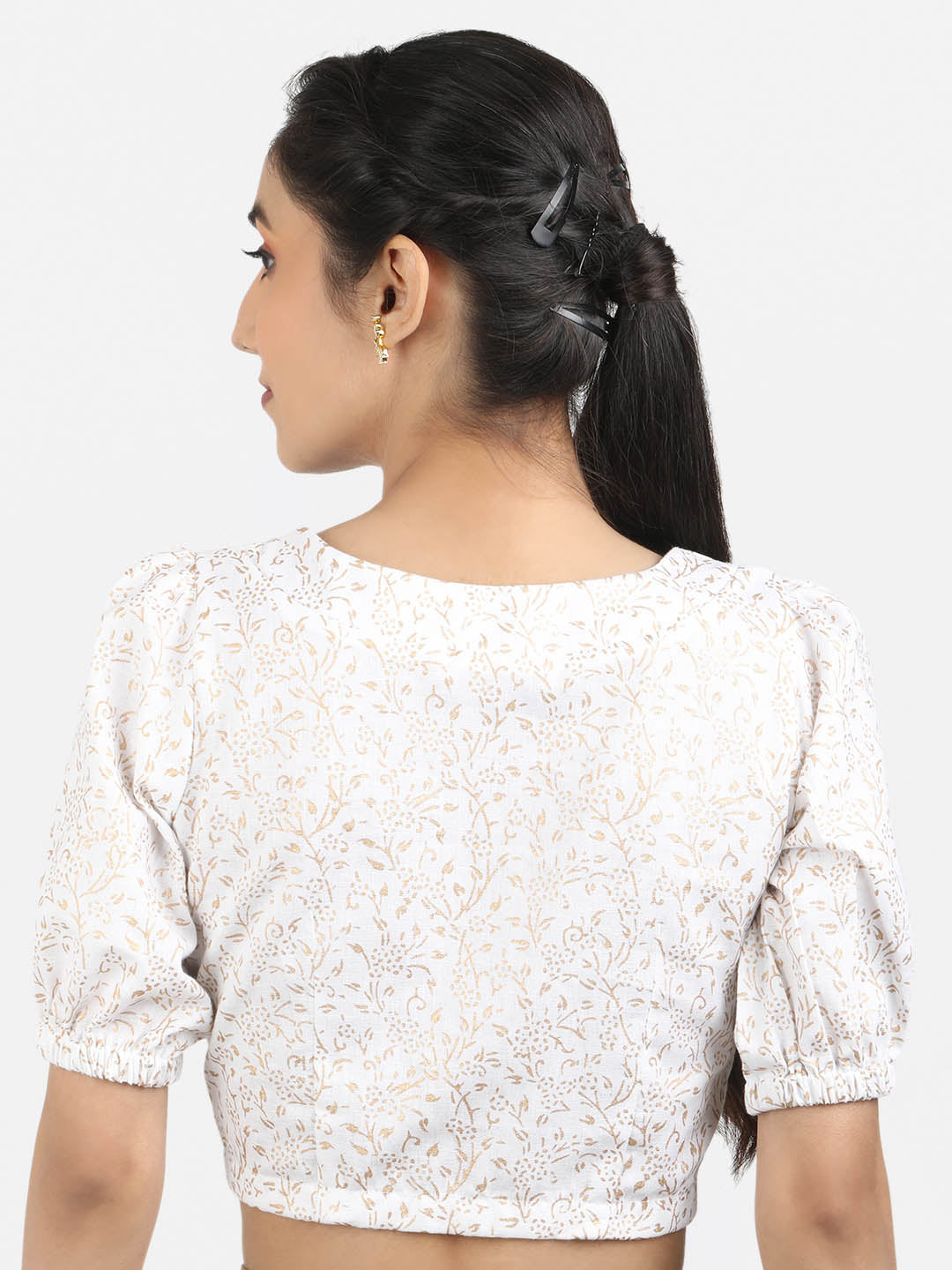 Women White Block Printed Cotton Ready To Wear Non Padded Saree Blouse