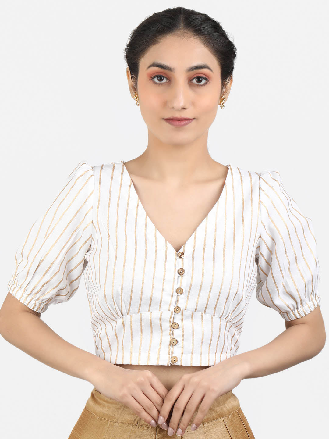 Women White Block Printed Cotton Ready To Wear Non Padded Saree Blouse