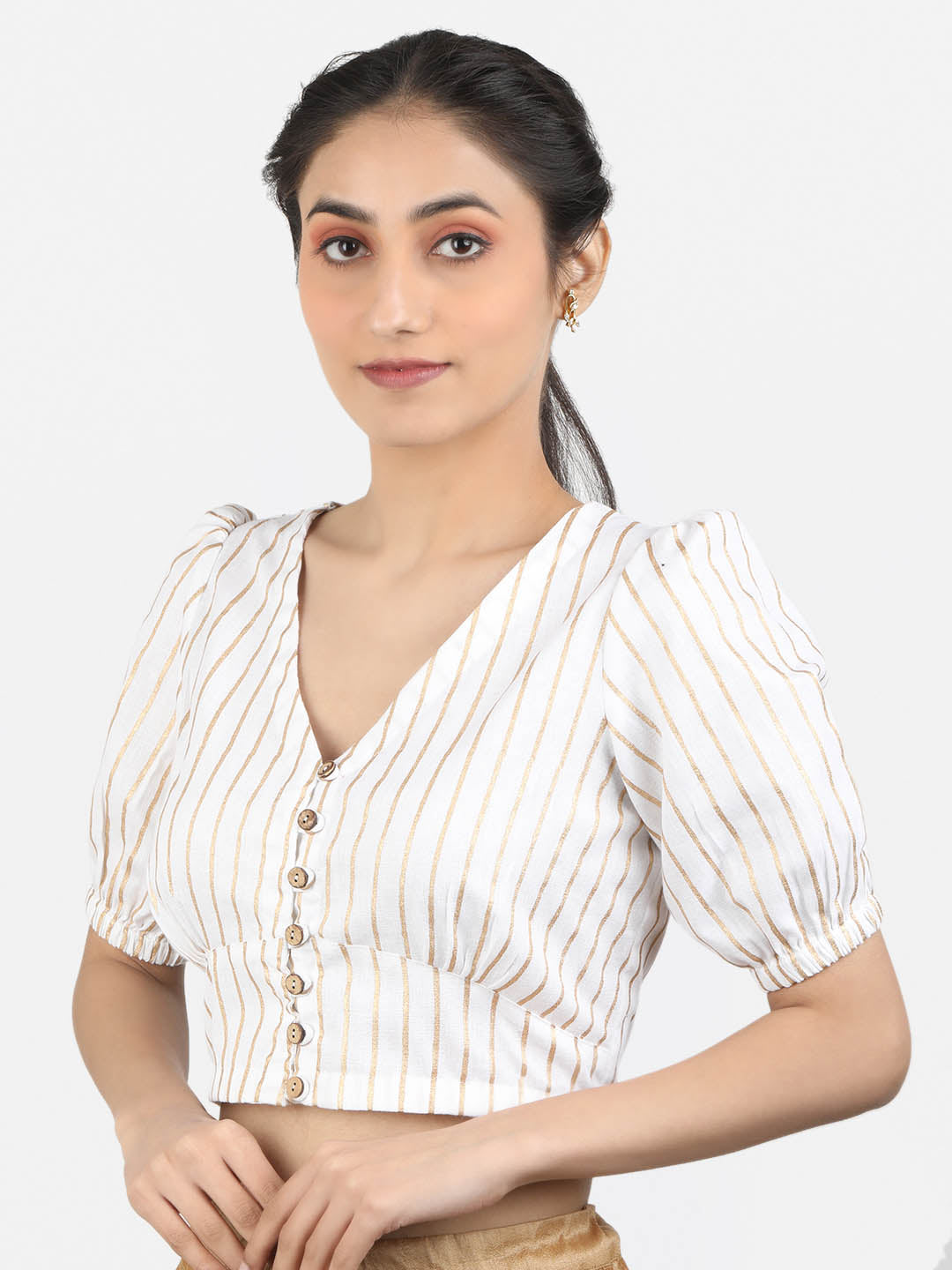 Women White Block Printed Cotton Ready To Wear Non Padded Saree Blouse
